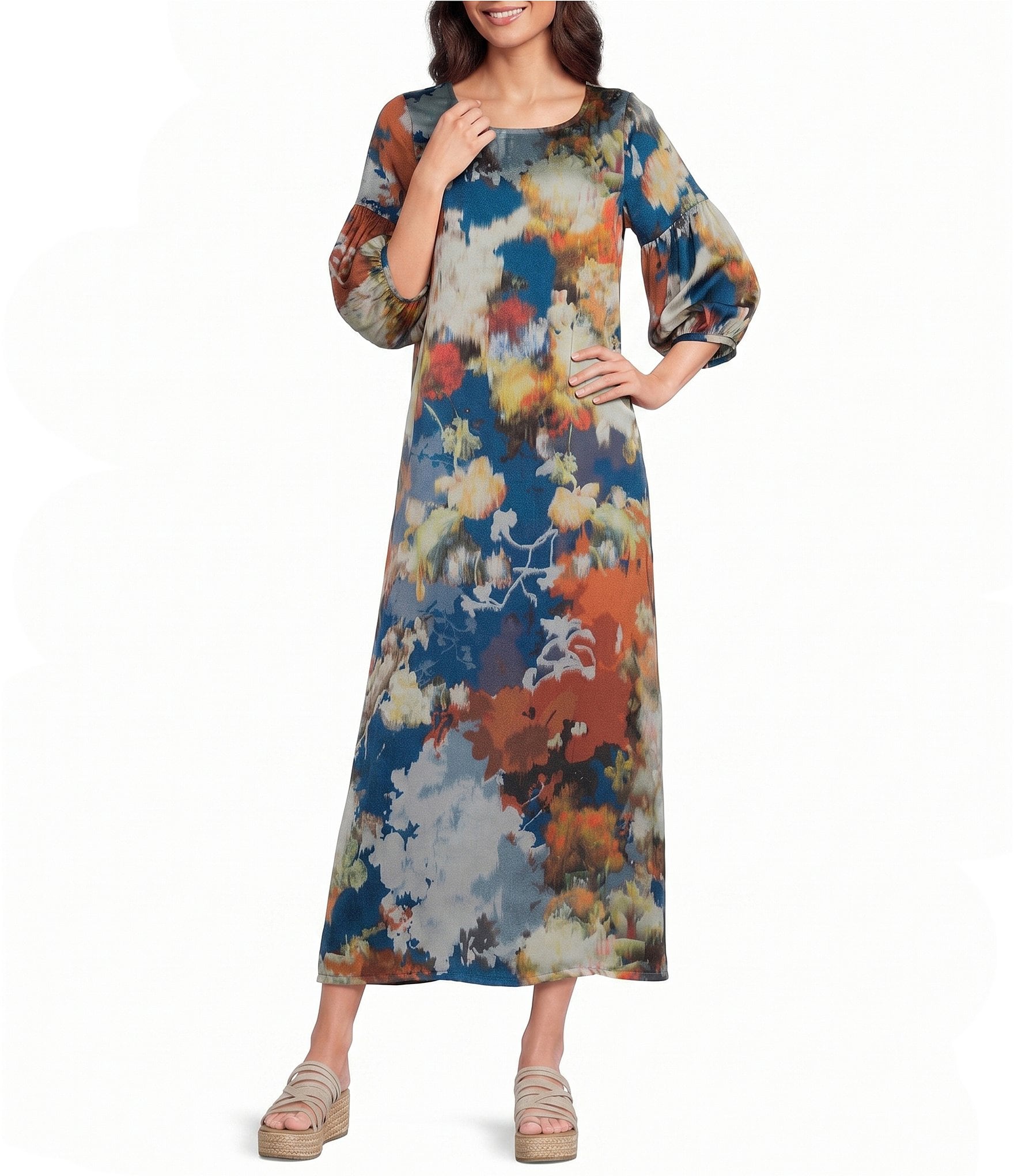 Bryn Walker Woven Fiori Print Round Neck 3/4 Sleeve Lantern Dress