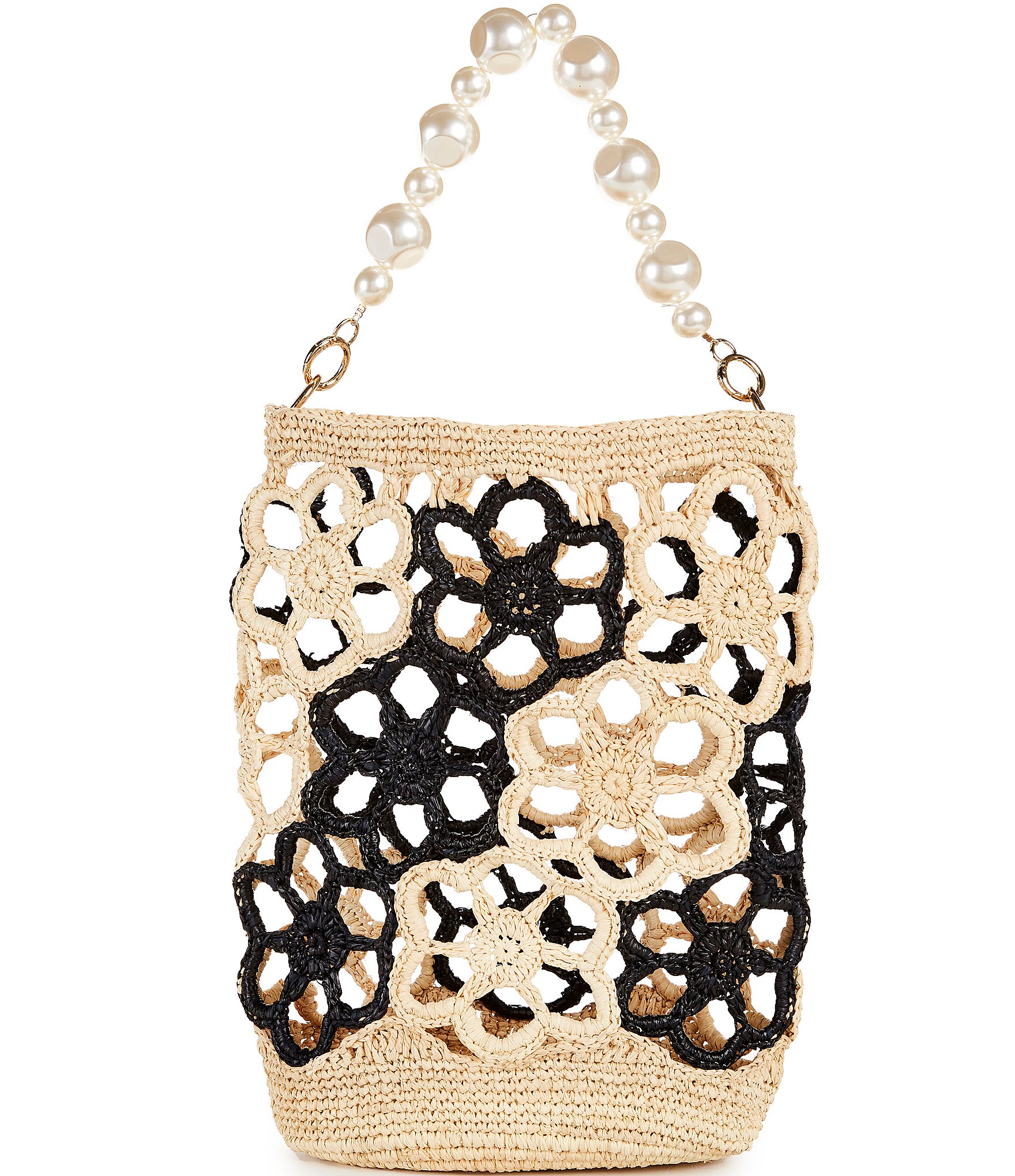 Btb Los Angeles Mahi Raffia Floral Cutout Pearl Strap Bucket Bag