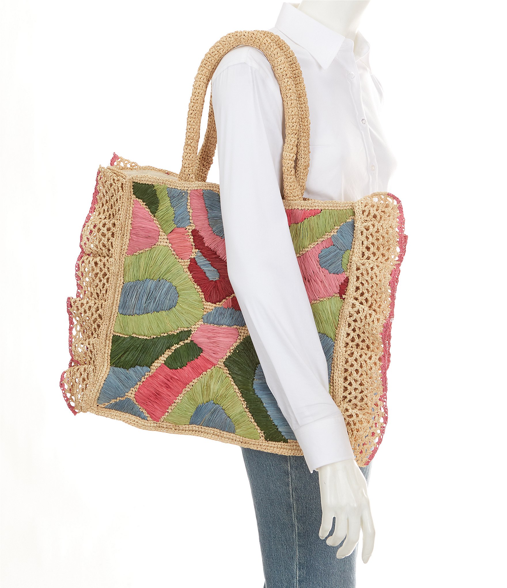 Btb Los Angeles Sydney Embroidered Raffia Tote Bag