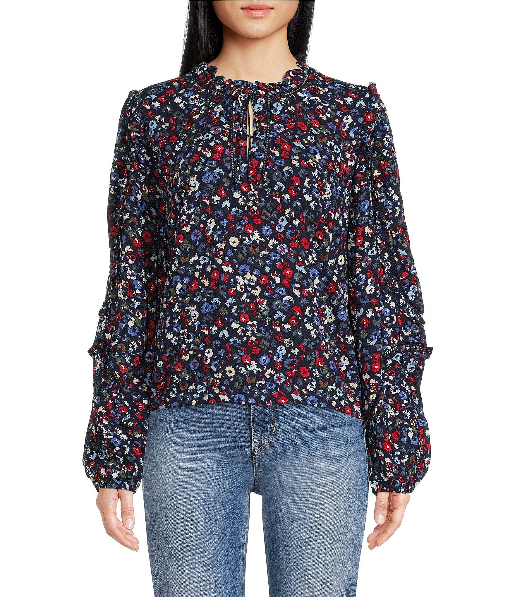 Buffalo David Bitton Adeline Floral Print Tie Neck Long Sleeve Top ...