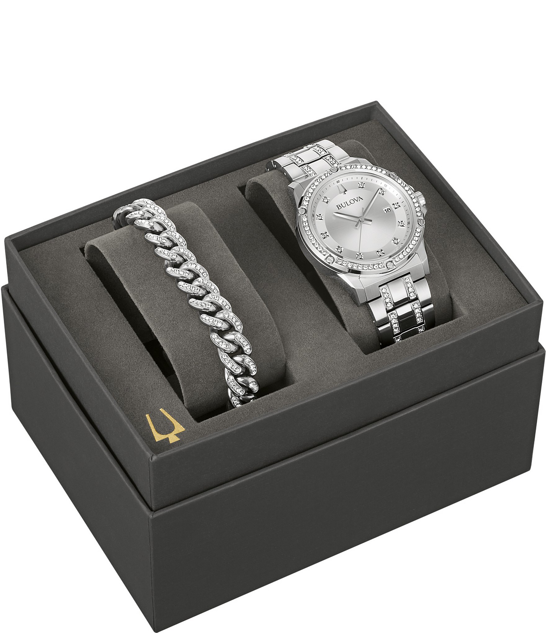 Bulova Men's Crystal Collection Quartz Analog Stainless Steel Bracelet Watch Box Set