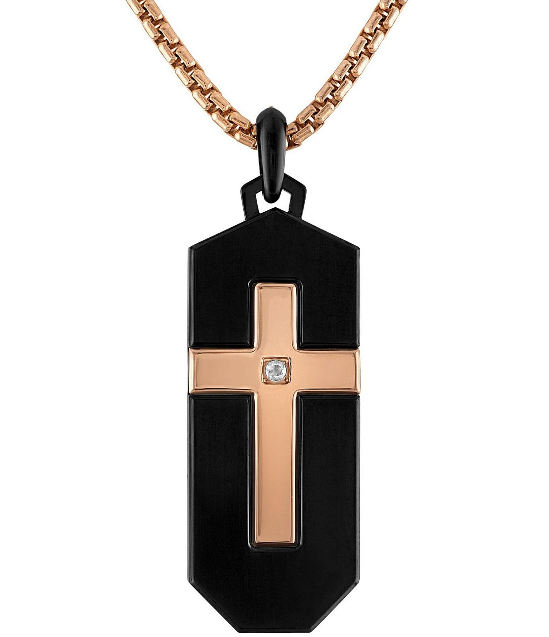 Bulova Men's Rose Gold Tone Stainless Steel Diamond Cross Dog Tag Long Pendant Necklace