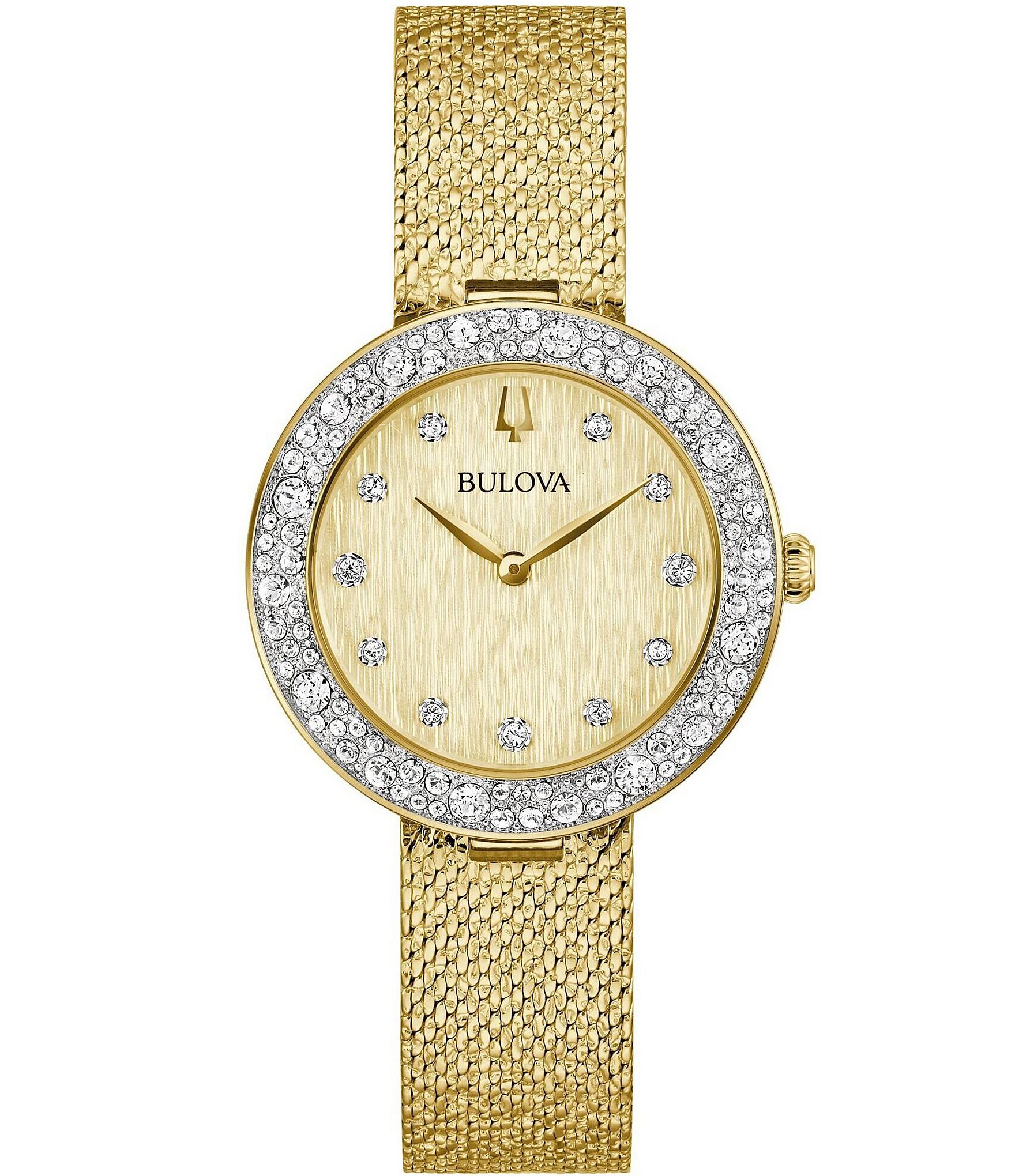 Bulova Women s Crystal Two Hand Gold Tone Stainless Steel Mesh Bracelet Watch Dillard s