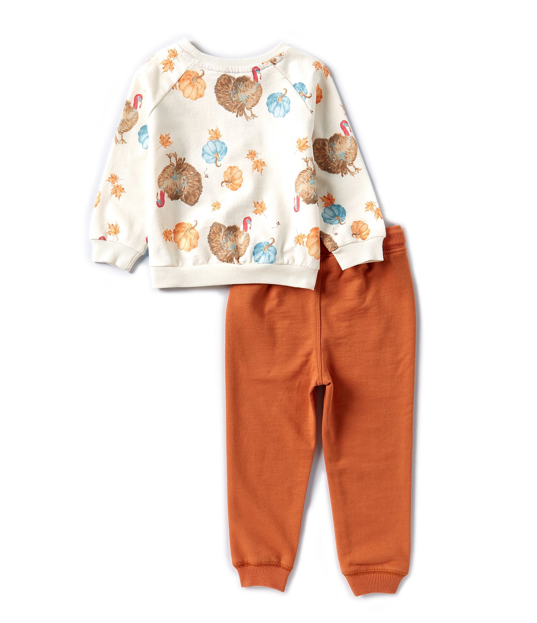 Burt's Bees Baby Boys 12-24 Months Long Sleeve Thanksgiving Turkey/Pumpkin-Printed Sweatshirt & Solid Jogger Pant Set