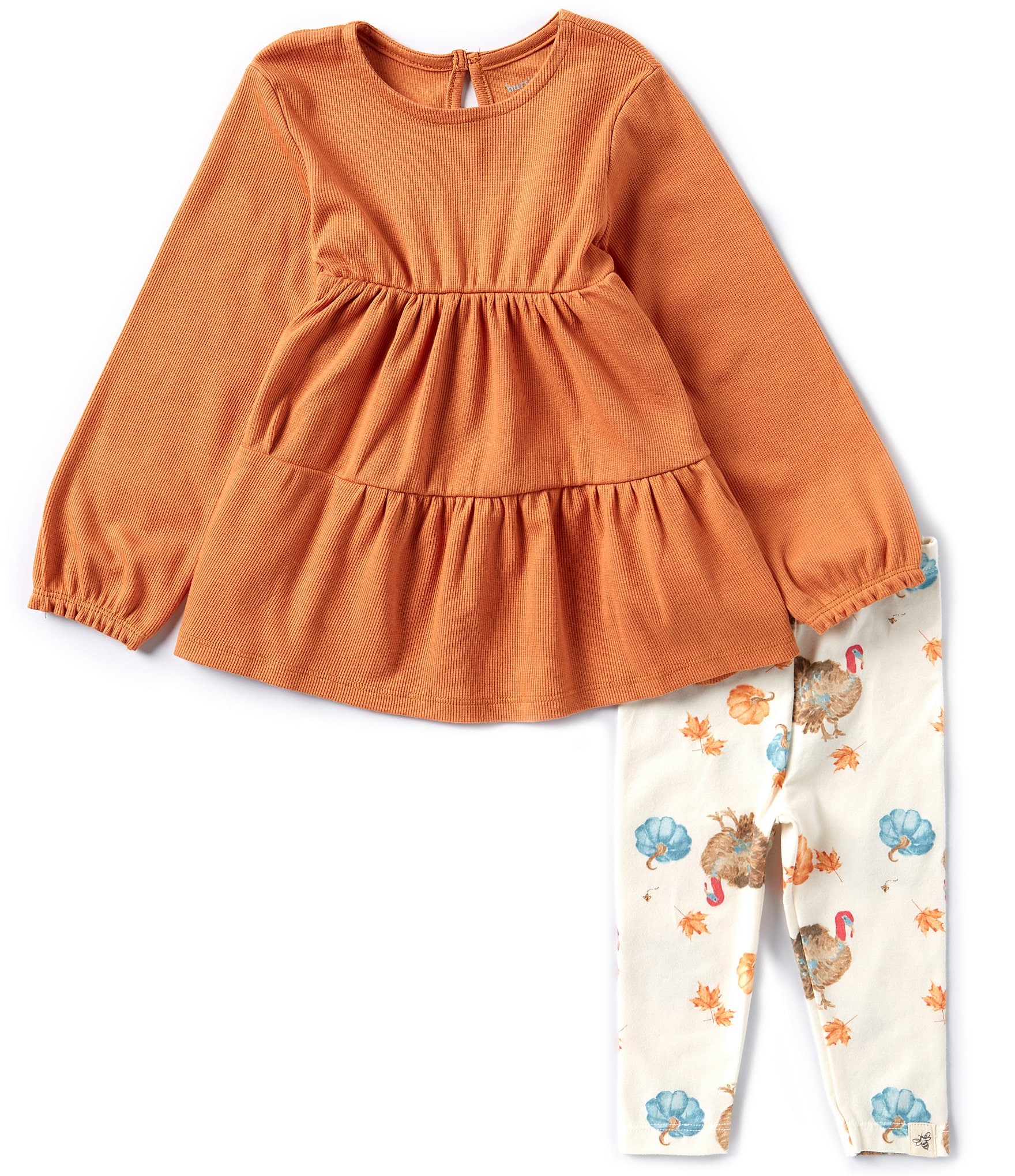 Burt's Bees Baby Girls Newborn-24 Months Turkey Time Thanksgiving Solid Tunic Top & Turkey/Pumpkin-Printed Leggings Set