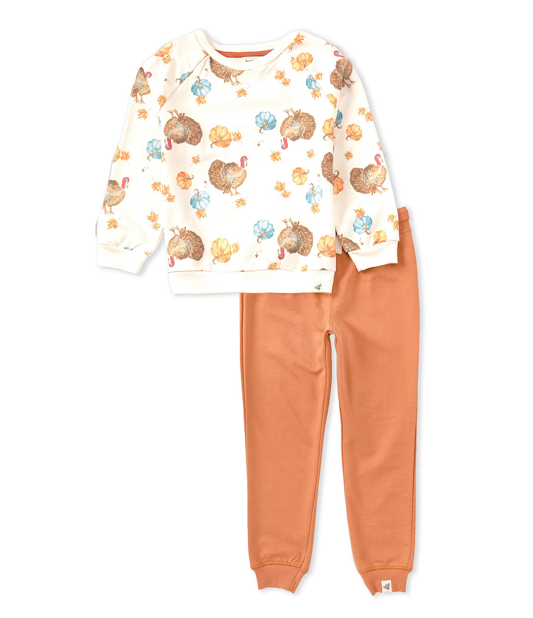 Burt's Bees Little Boys 2T-5T Long Sleeve Thanksgiving Turkey Printed Sweatshirt & Solid Jogger Pant Set