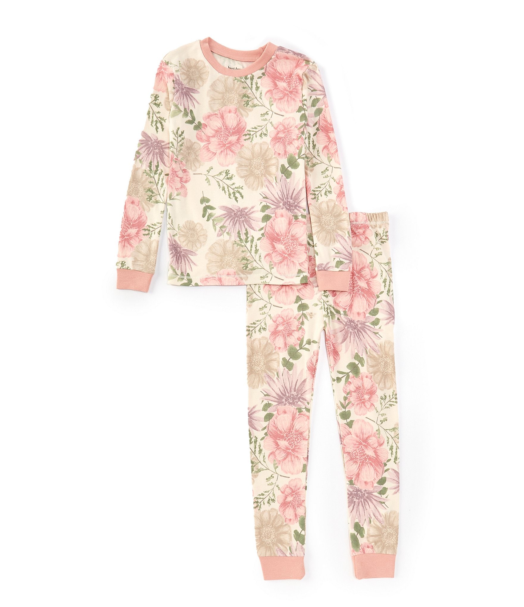 Burt's Bees Little Girls 2T-5T Long Sleeve Mountain Floral Pajama T-Shirt & Matching Pajama Pant Set