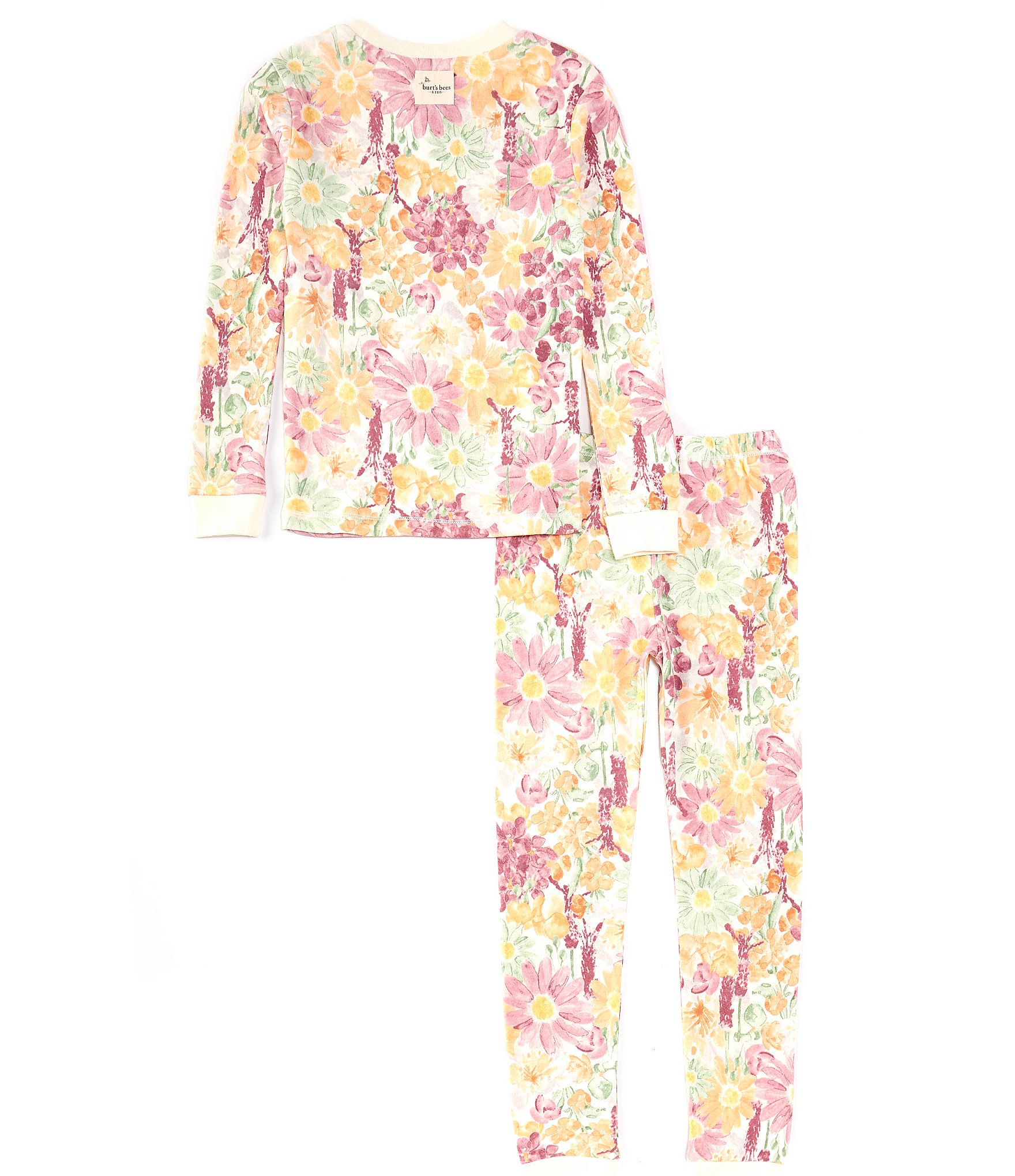 Burt's Bees Little/Big Girls 6-12 Long Sleeve Wild Floral Field Printed Pajama T-Shirt & Matching Pajama Pant Set