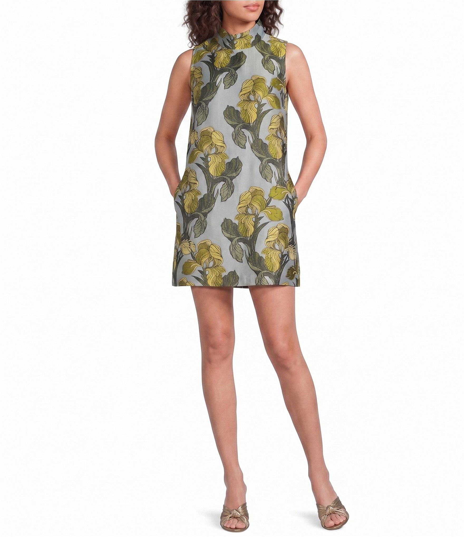 Buru Brocade Mock Neck Sleeveless Mini Shift Dress