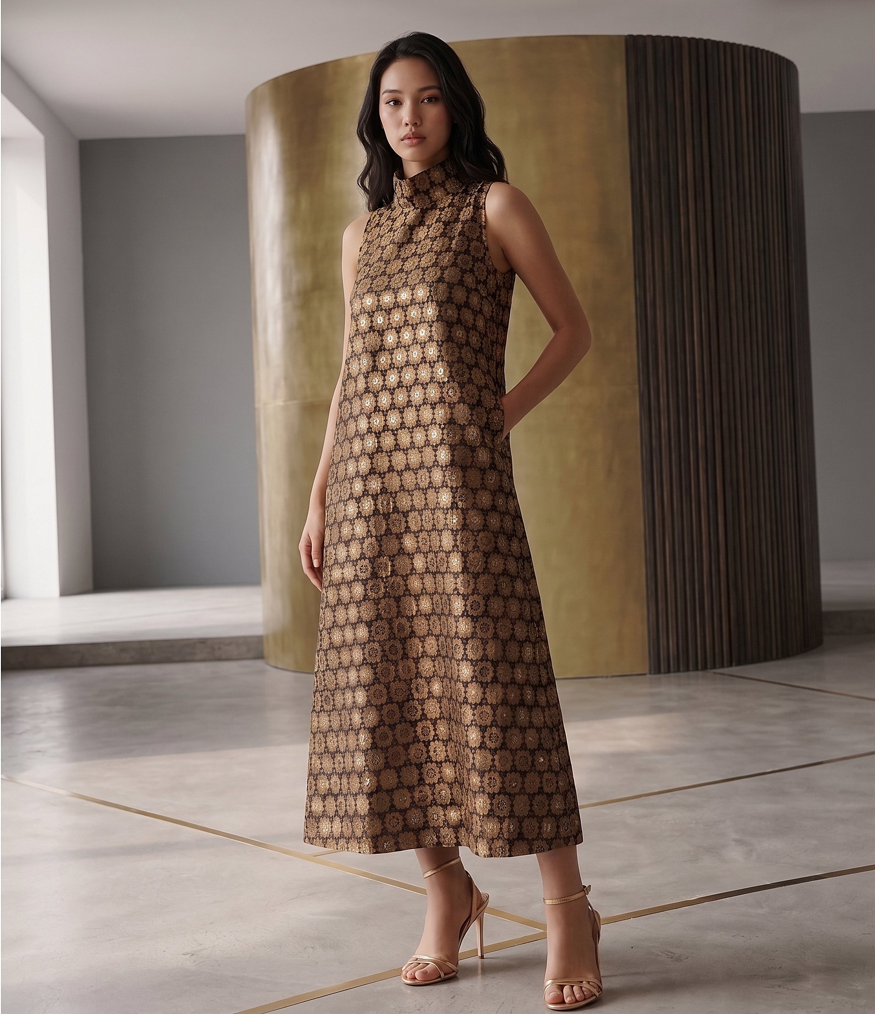 Buru Maxi Mod Metallic Printed Brocade Mock Neck Sleeveless Shift Coordinating Midi Dress