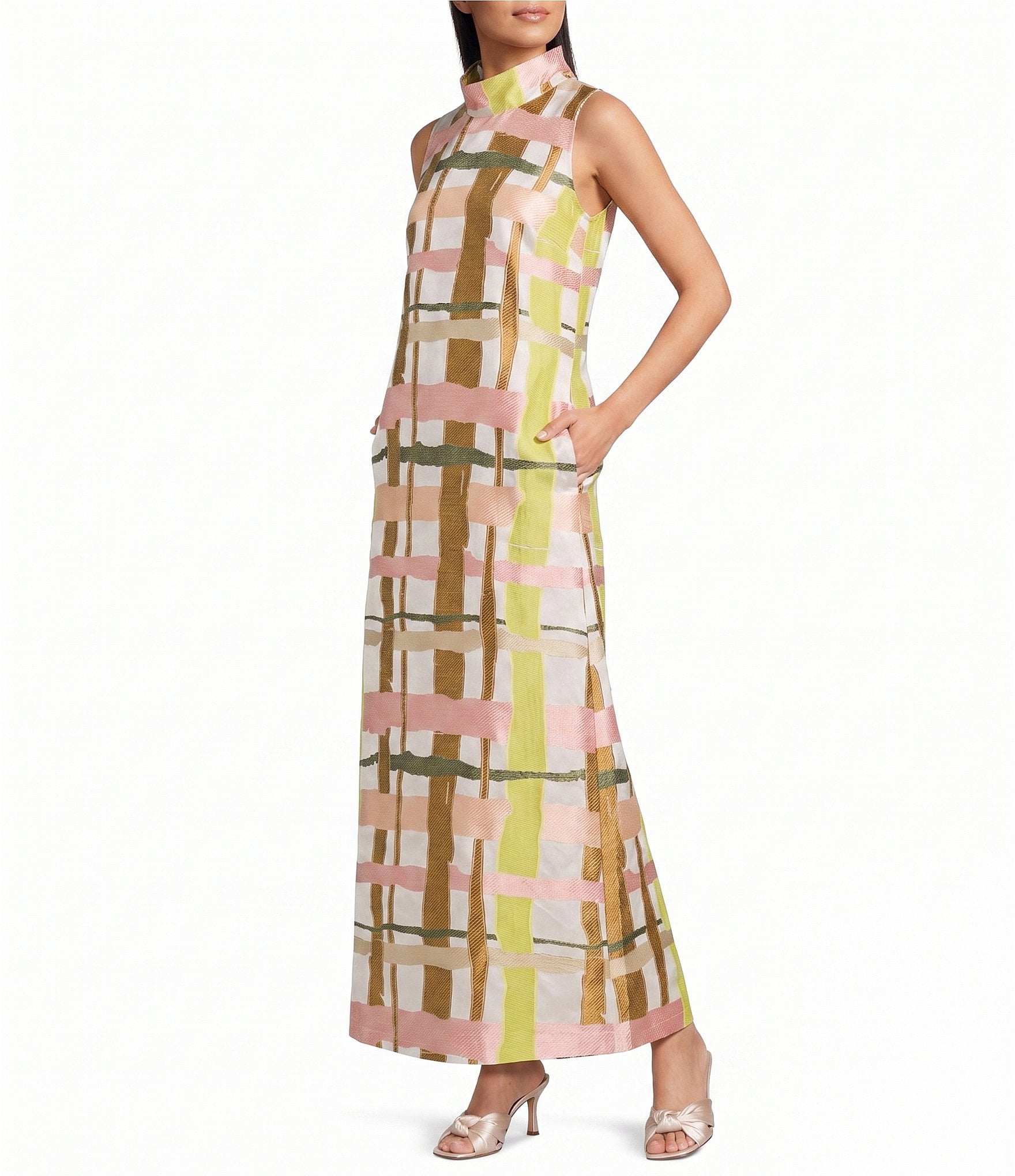 Buru Mod Plaid Print Brocade Mock Neck Sleeveless Shift Maxi Dress