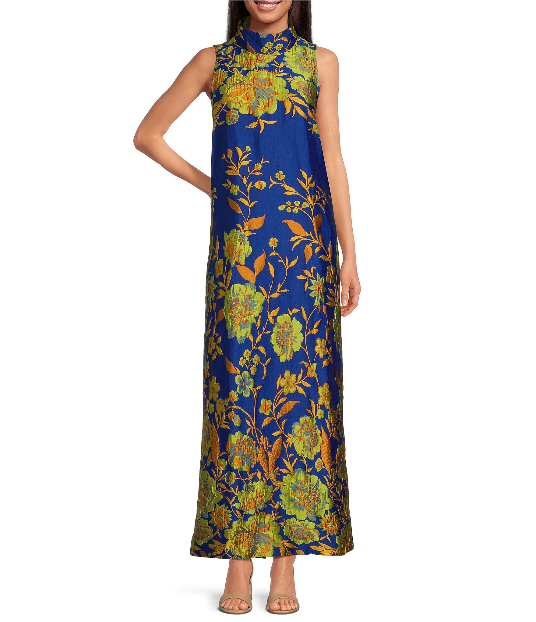 Buru Mod Coral Iris Print Mock Neck Sleeveless Shift Maxi Dress