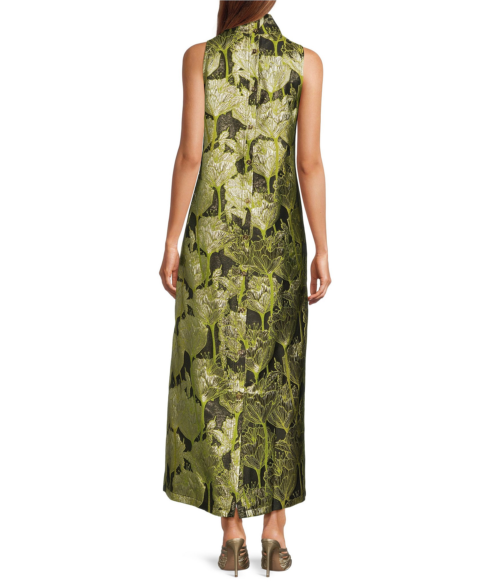 Buru Mod Coral Iris Print Mock Neck Sleeveless Shift Maxi Dress