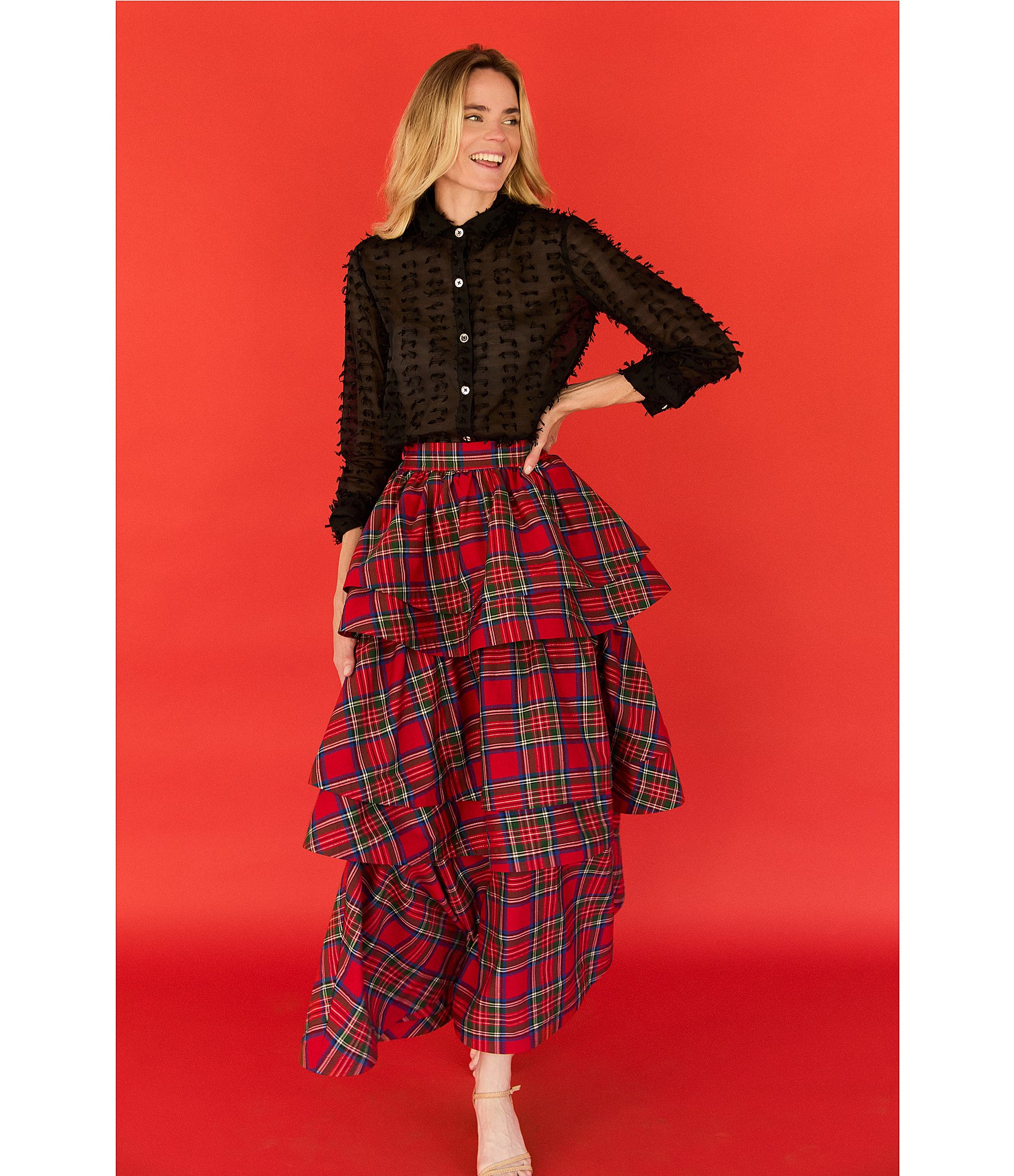 Buru Teagan Shimmer Tiered Ruffle Full Length Side Seam Pocket A-Line Skirt