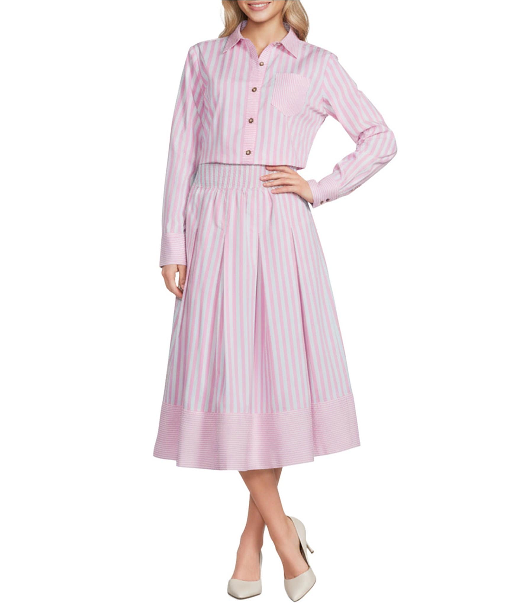 Buru Woven Button Down Point Collar Striped Long Sleeve Shirt