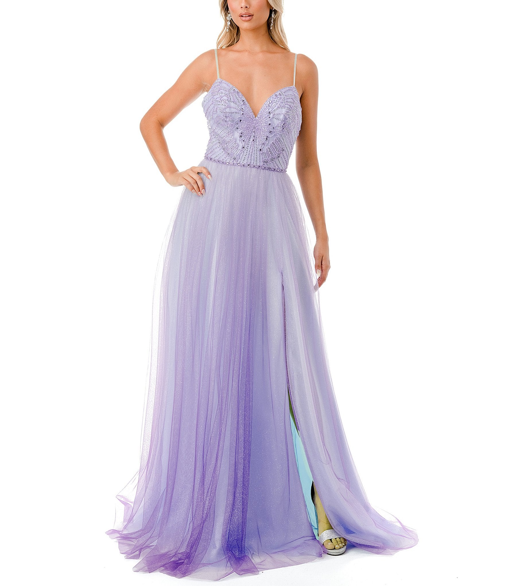 Butterfly Beaded Glitter Ball Gown | Dillard's