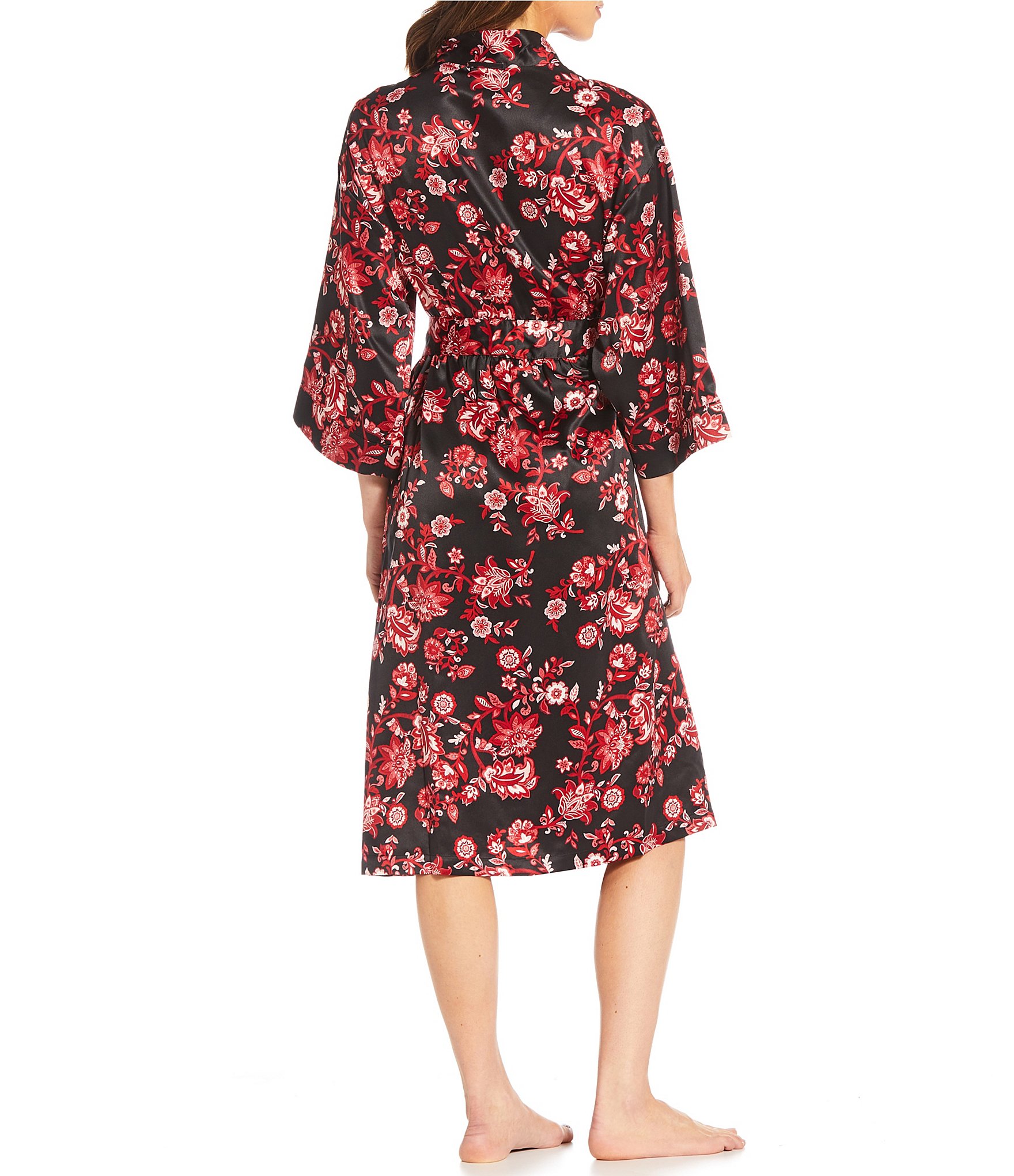 Cabernet Damask Print Satin Tie Waist Short Wrap Robe