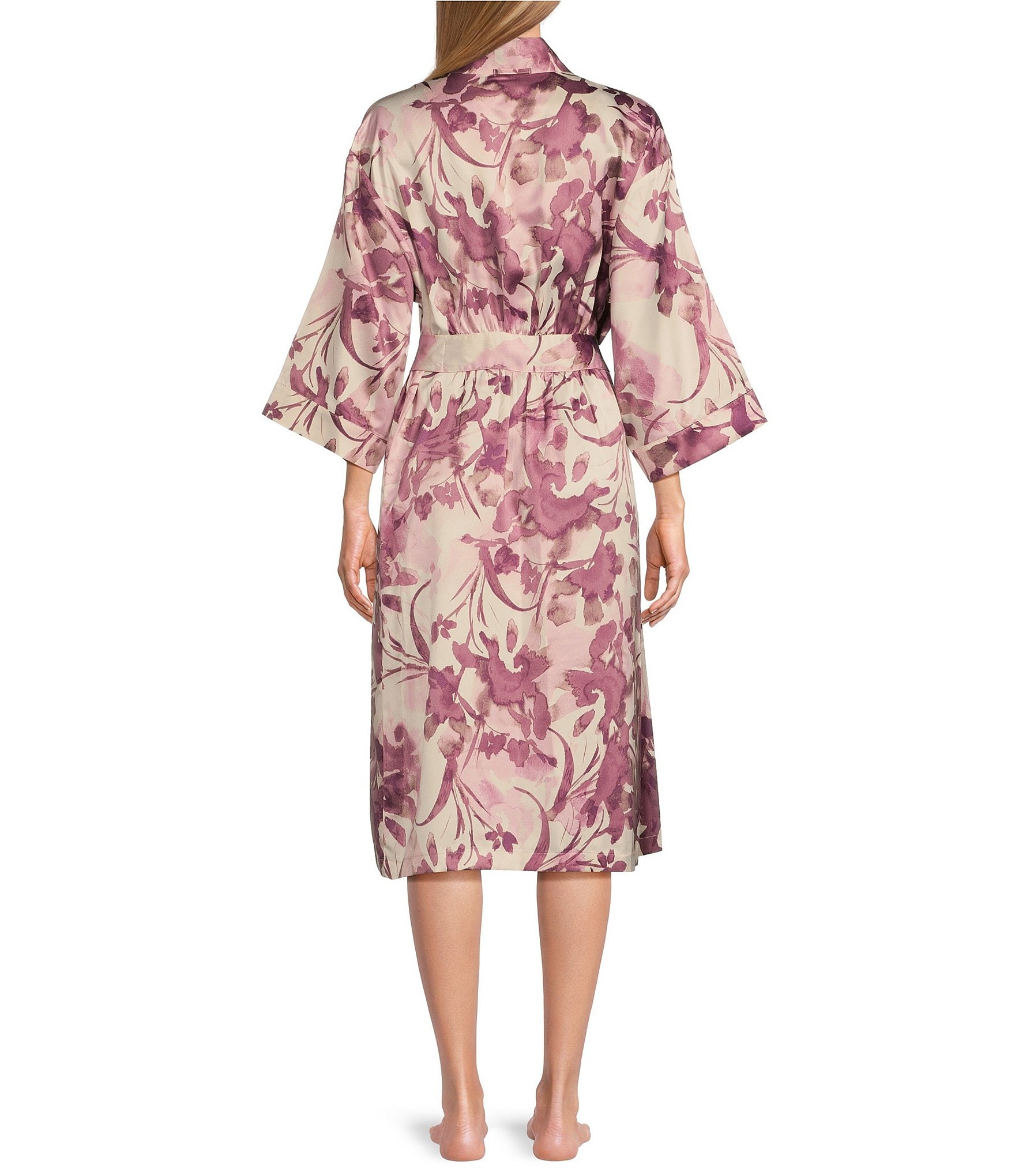 Cabernet Floral Print 3/4 Sleeve Woven Satin Short Robe