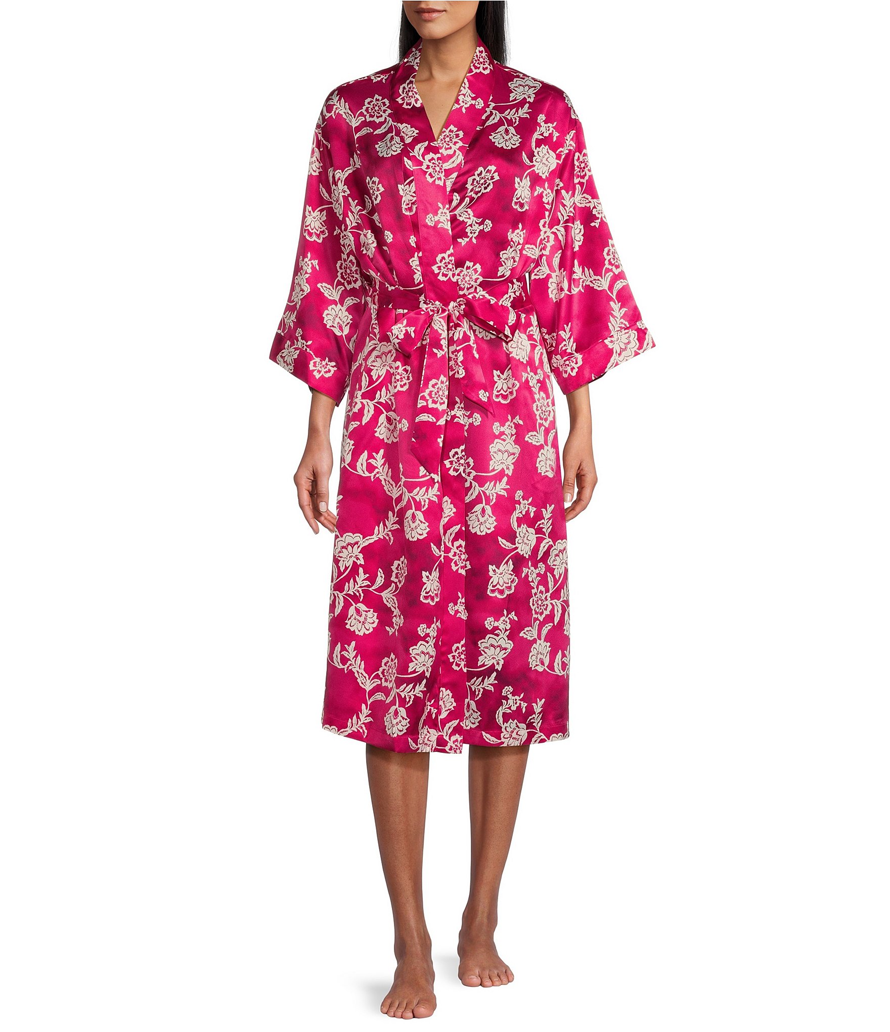 Cabernet Floral Print Kimono Sleeve Notch Collar Satin Short Robe