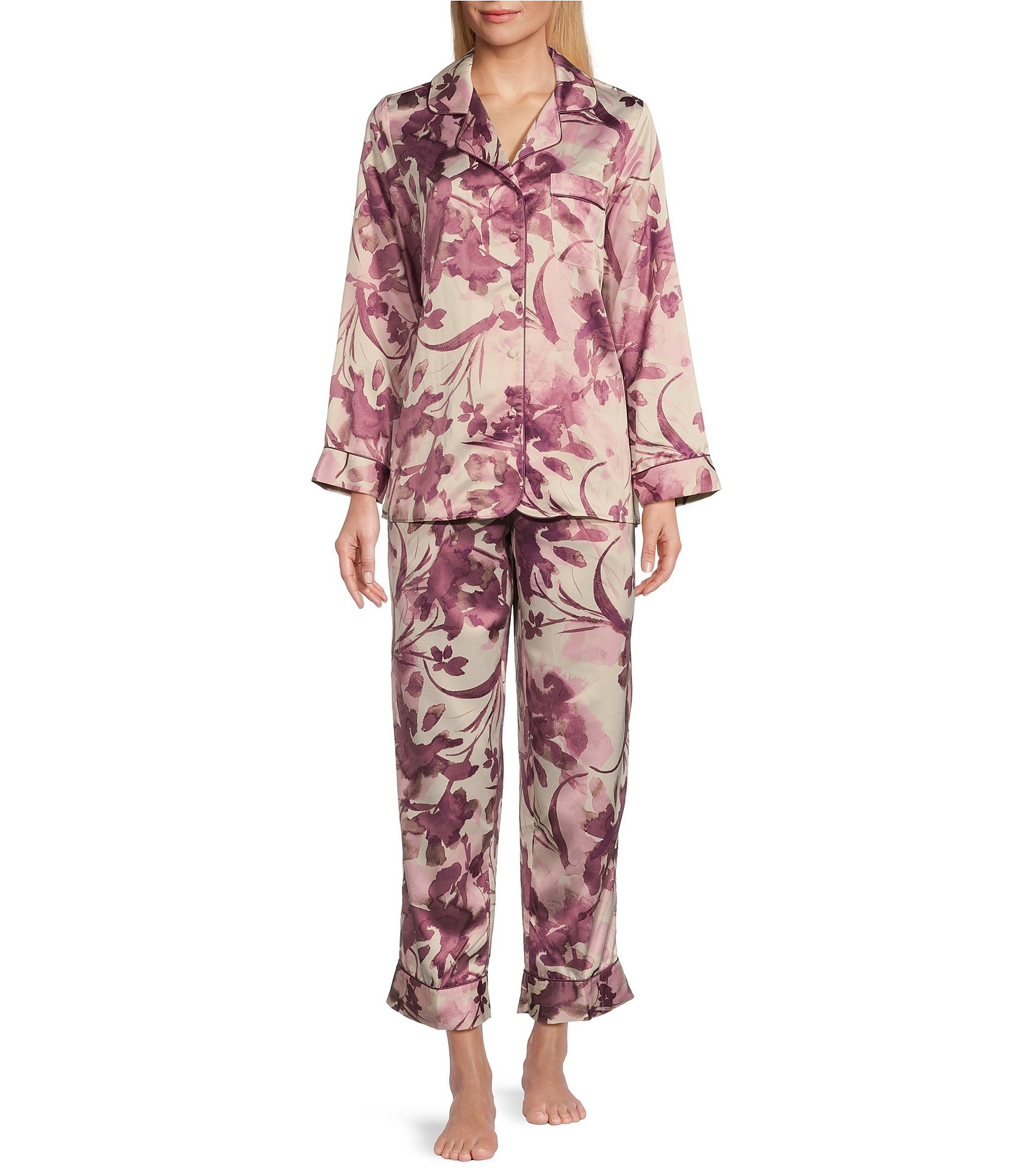 Cabernet Floral Print Long Sleeve Notch Collar Woven Satin Pajama Set