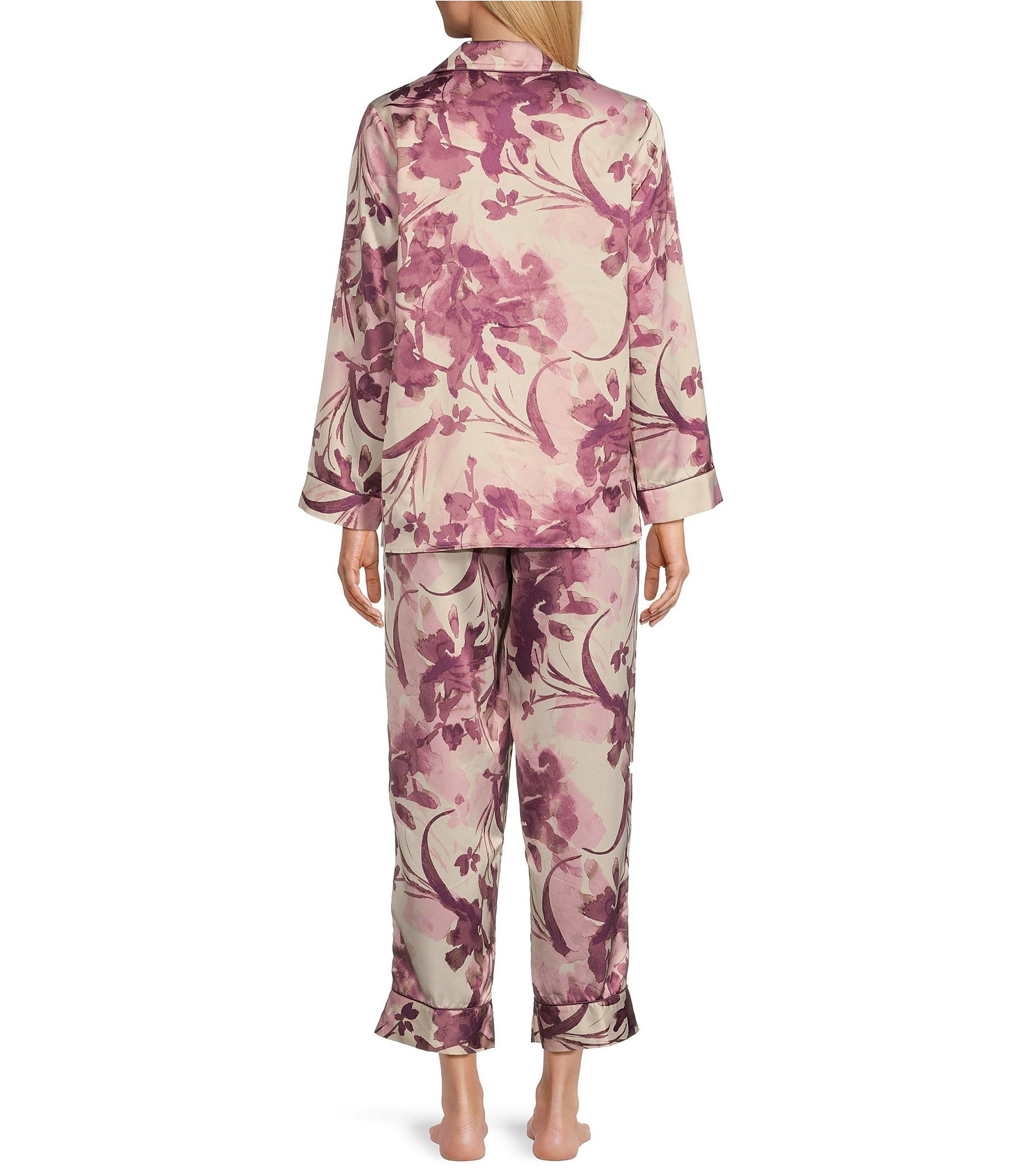 Cabernet Floral Print Long Sleeve Notch Collar Woven Satin Pajama Set