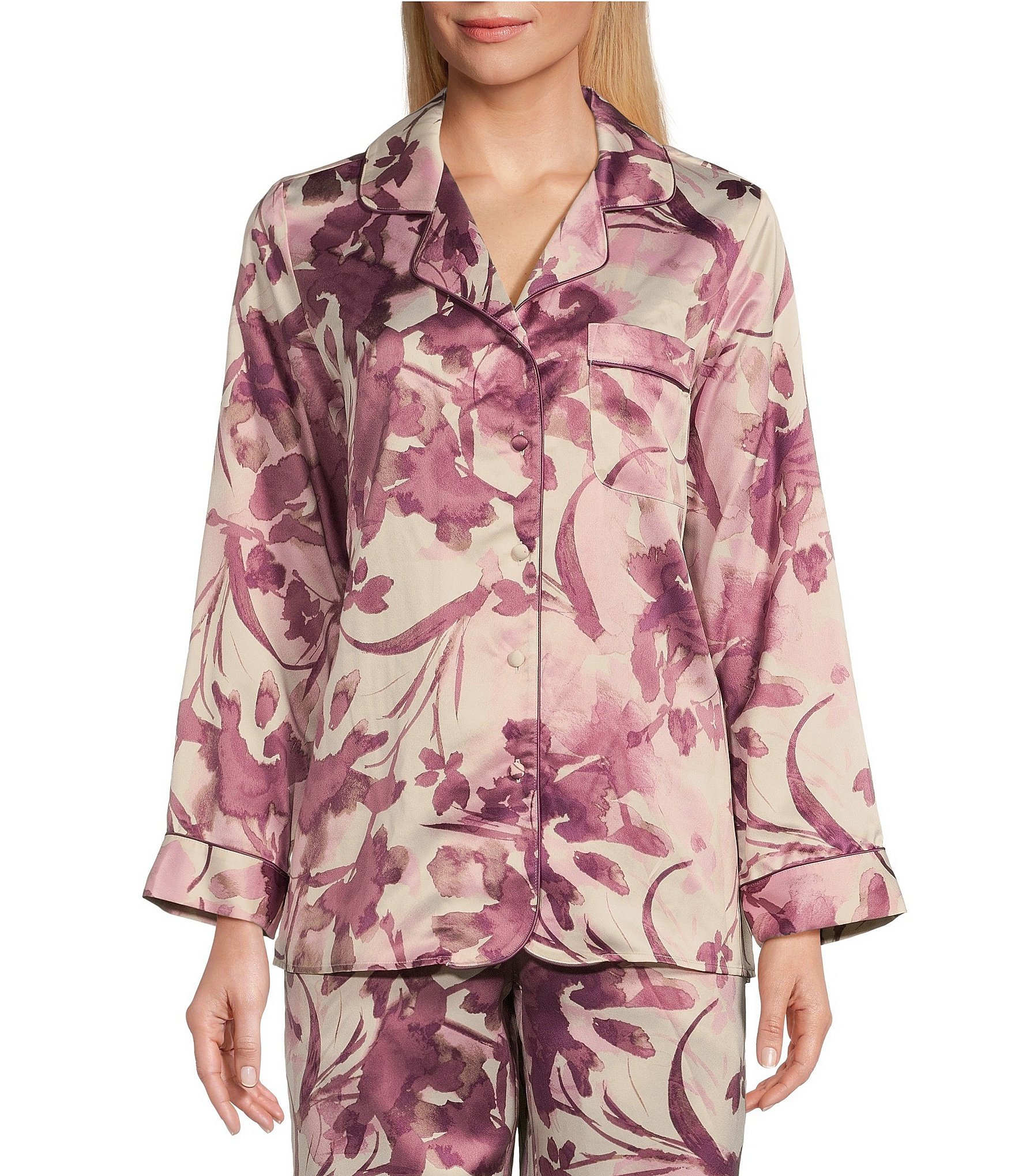 Cabernet Floral Print Long Sleeve Notch Collar Woven Satin Pajama Set