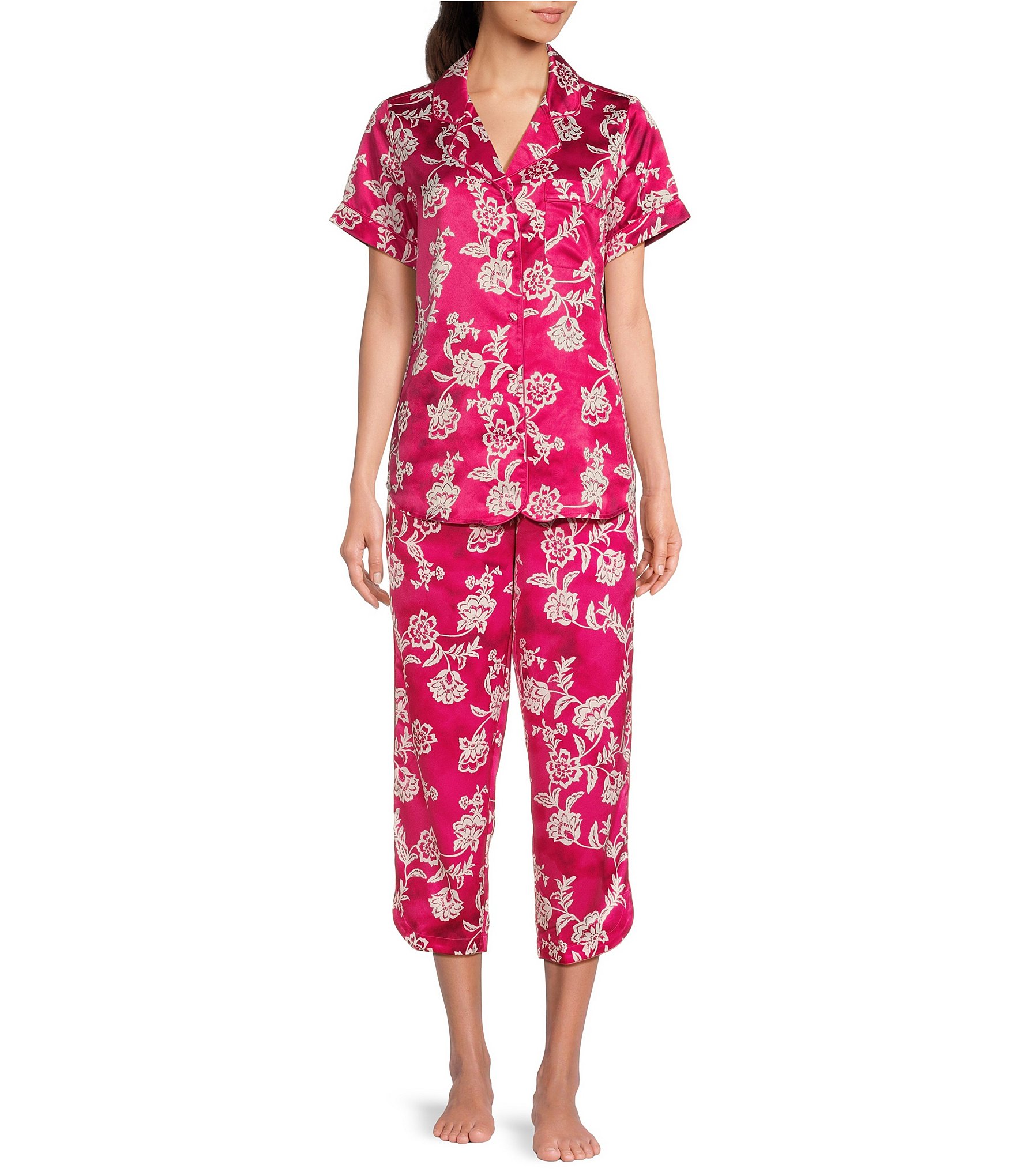 Cabernet Floral Print Short Sleeve Notch Collar Satin Capri Pajama Set