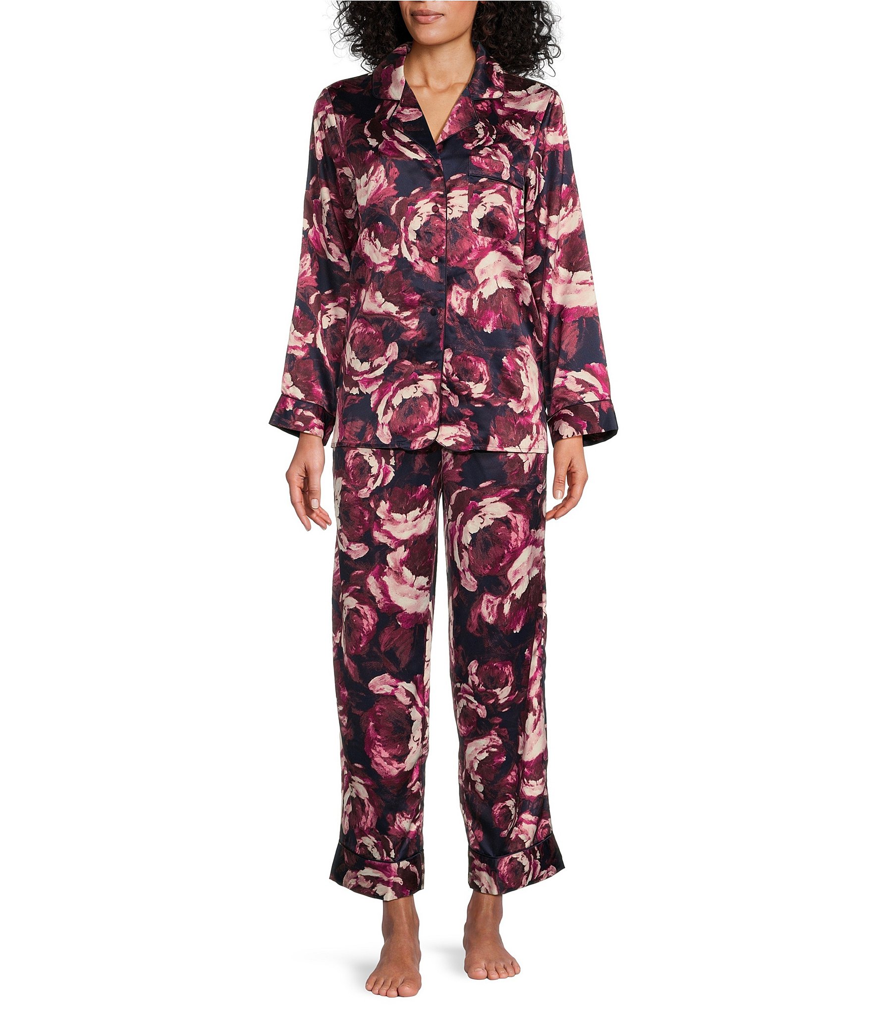 Cabernet Floral Print Woven Satin Notch Collar Long Sleeve Pajama