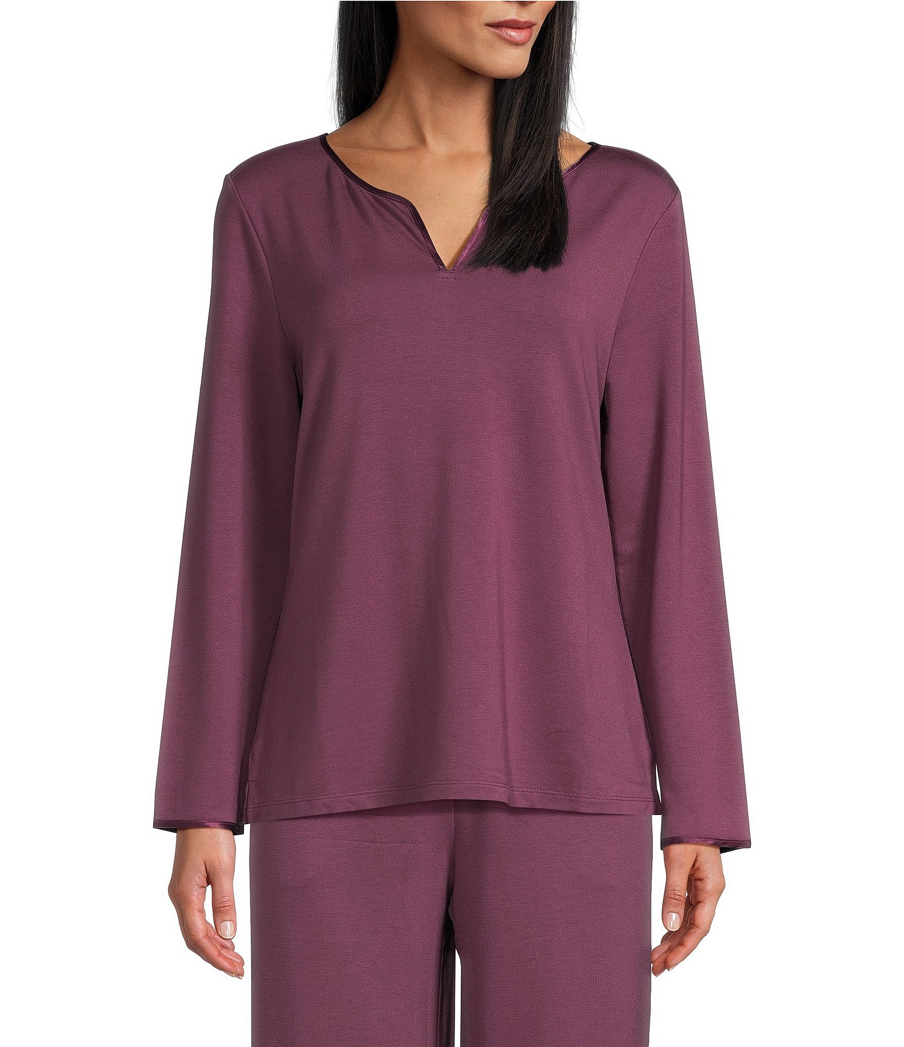 Cabernet French Terry Long Sleeve Split Round Neck Coordinating Sleep Top