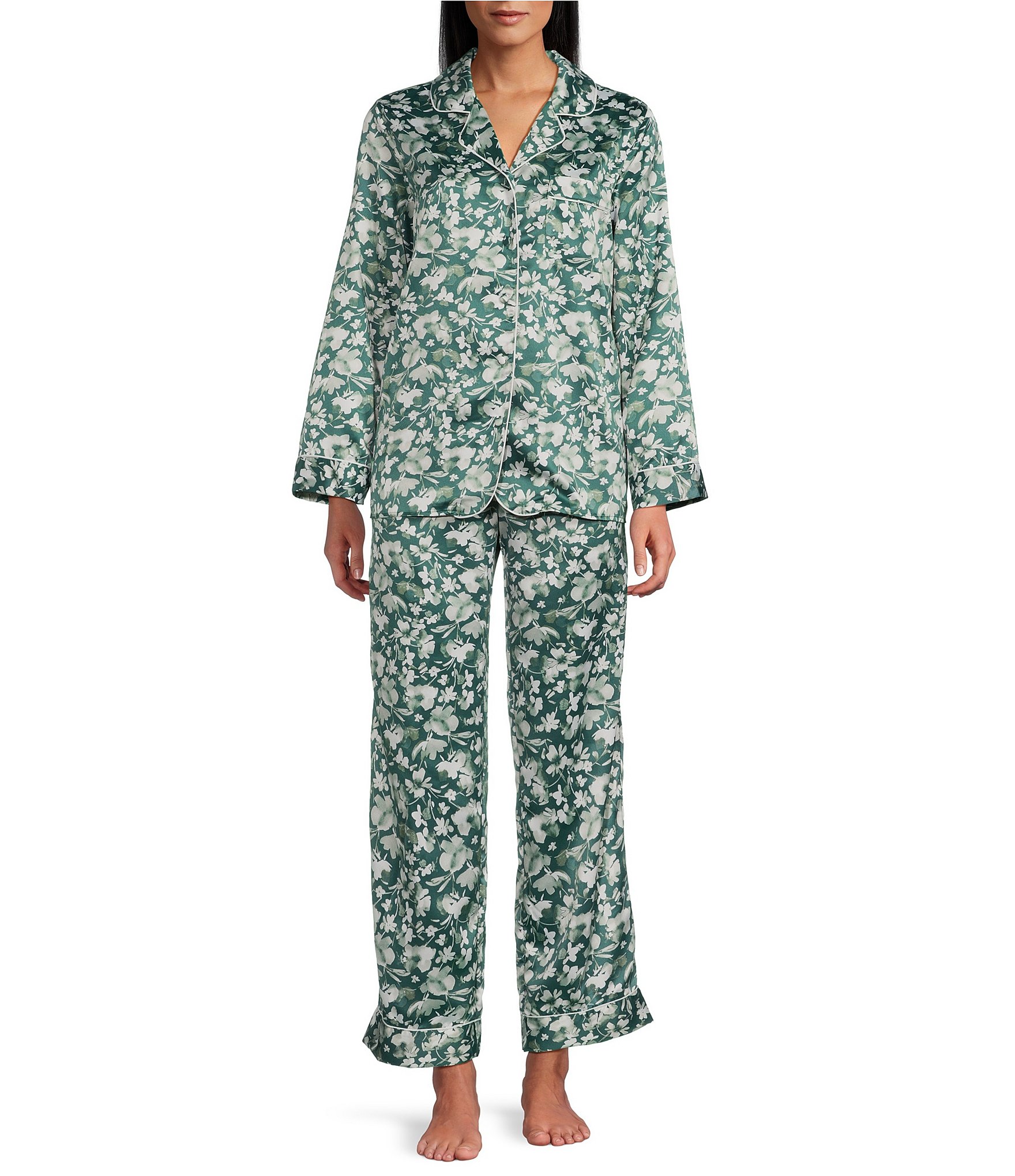 Cabernet Long Sleeve Notch Collar Satin Floral Print Long Pajama Set