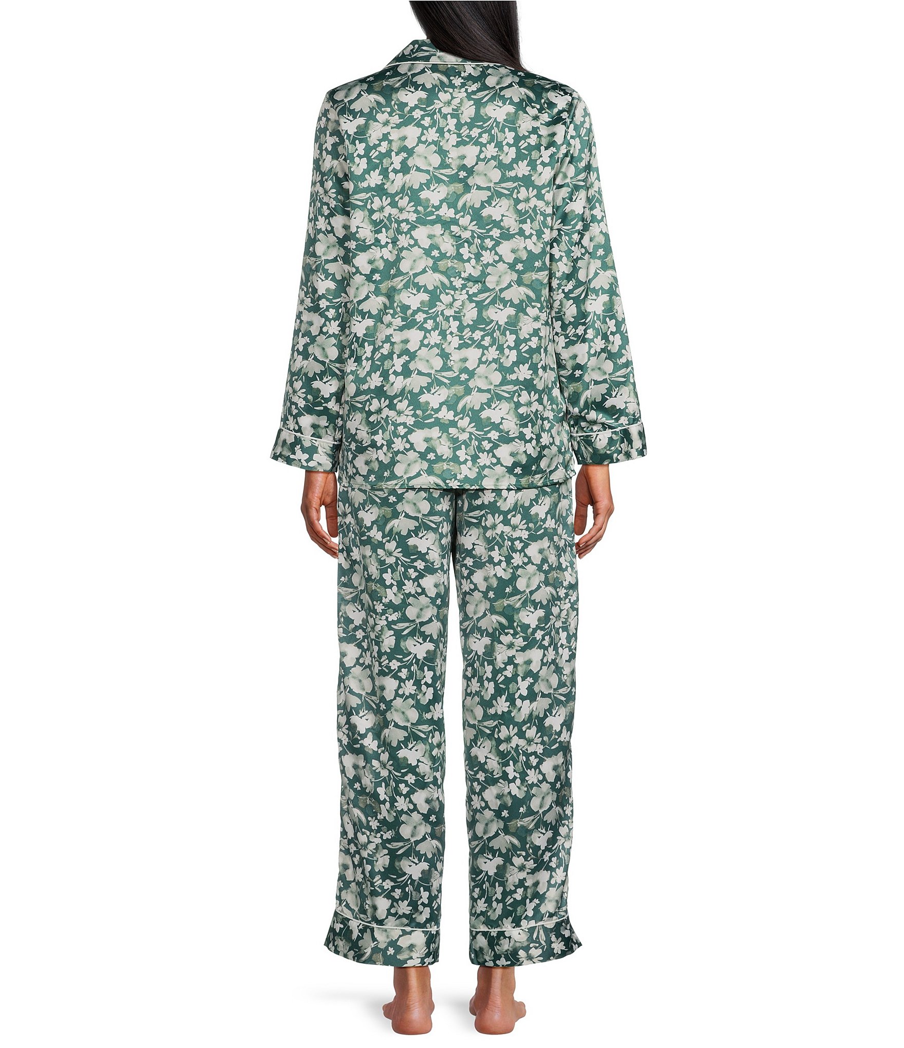 Cabernet Long Sleeve Notch Collar Satin Floral Print Long Pajama Set