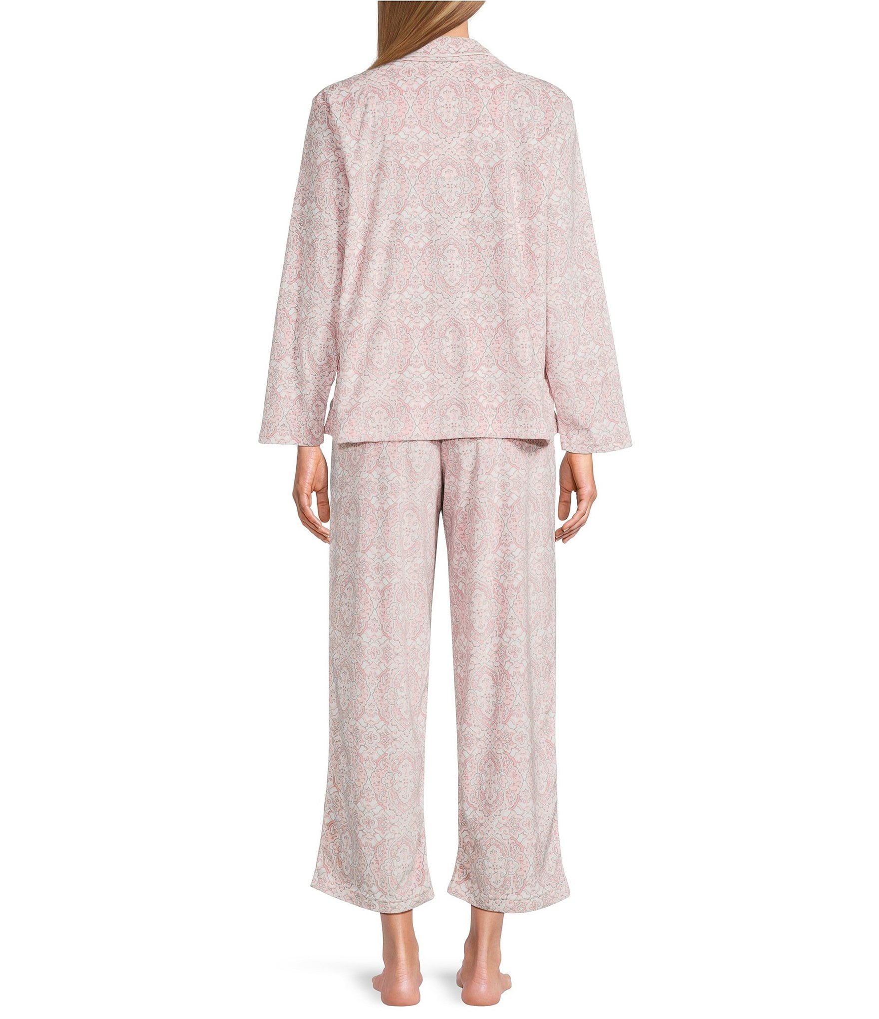 Cabernet Petite Size Long Sleeve Notch Collar Long Fleece Medallion Print Holiday Pajama Set