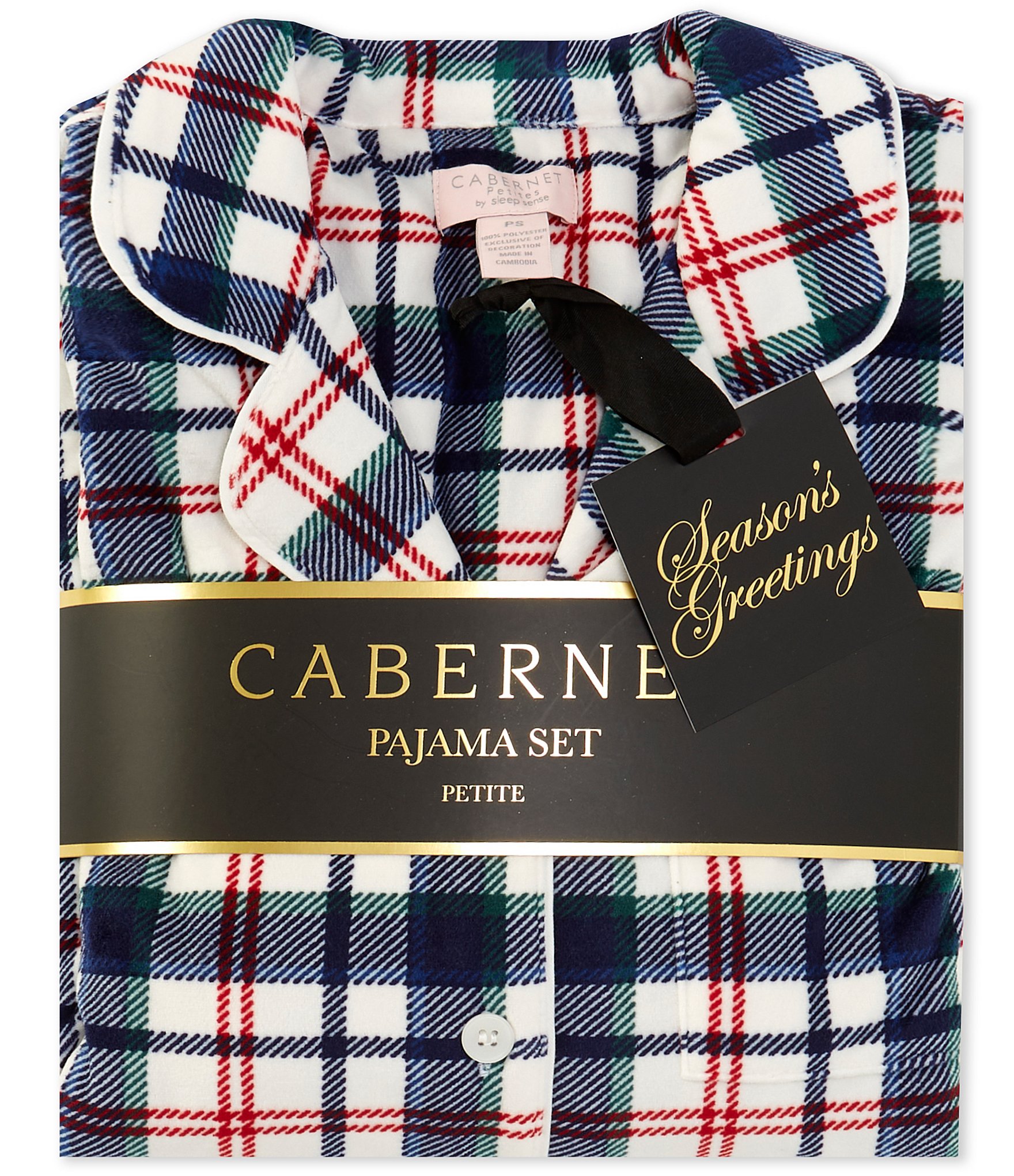 Cabernet Petite Size Long Sleeve Notch Collar Plaid Print Fleece Pajama Set