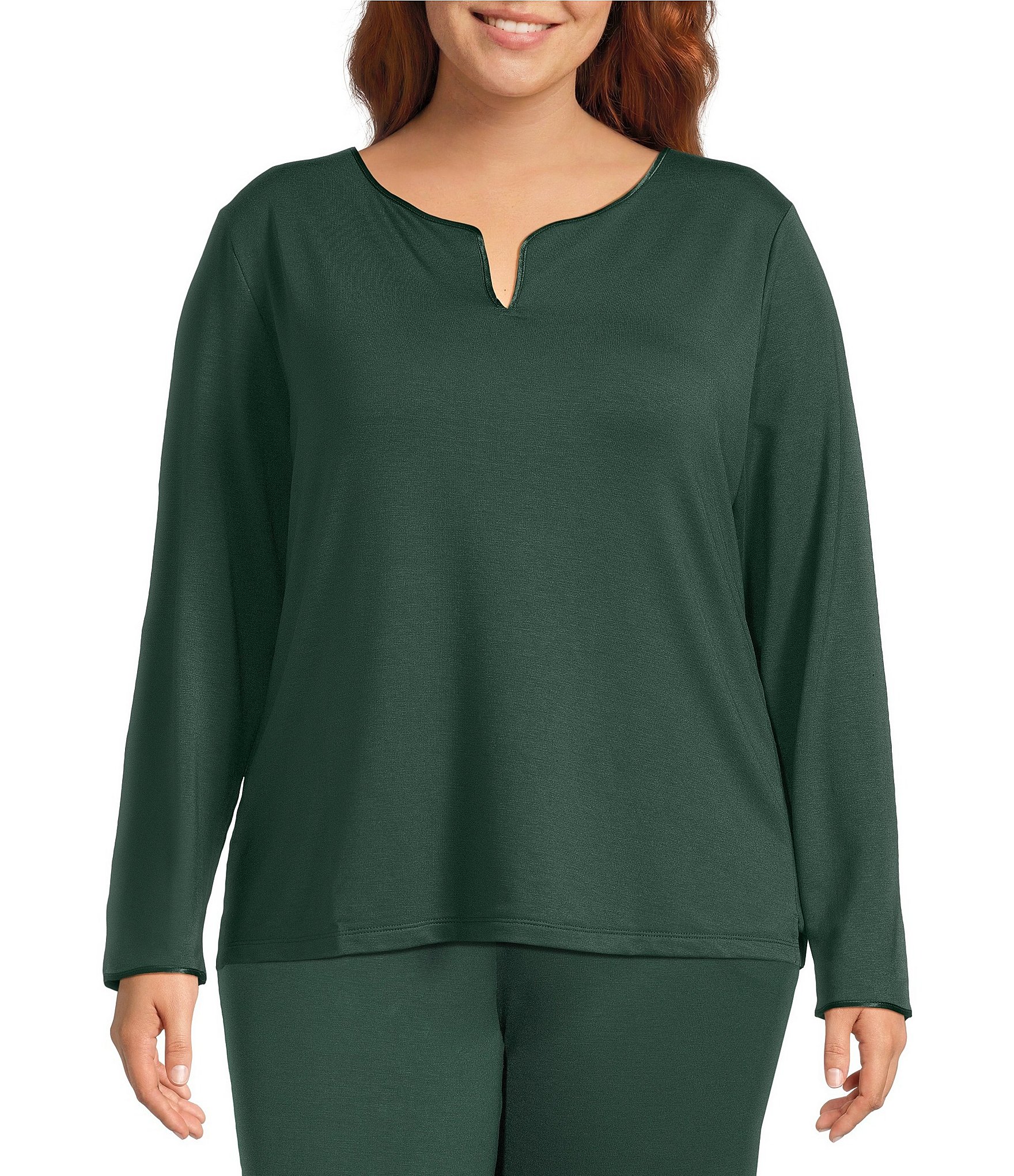 Cabernet Plus Size Solid French Terry Split Round Neck Long Sleeve Coordinating Sleep Top