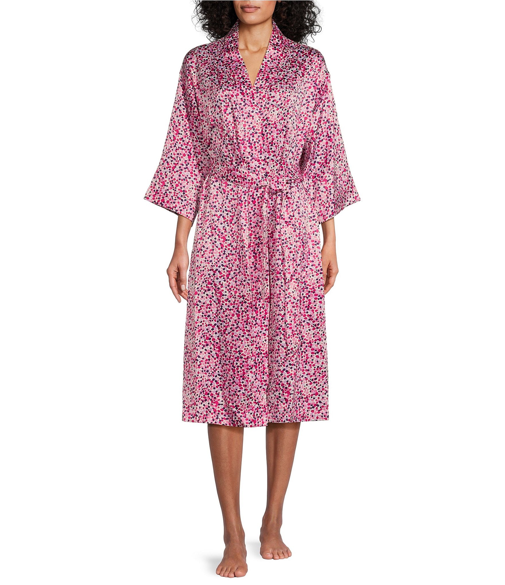 Cabernet Satin 3/4 Sleeve Coordinating Dotted Wrap Robe | Dillard's