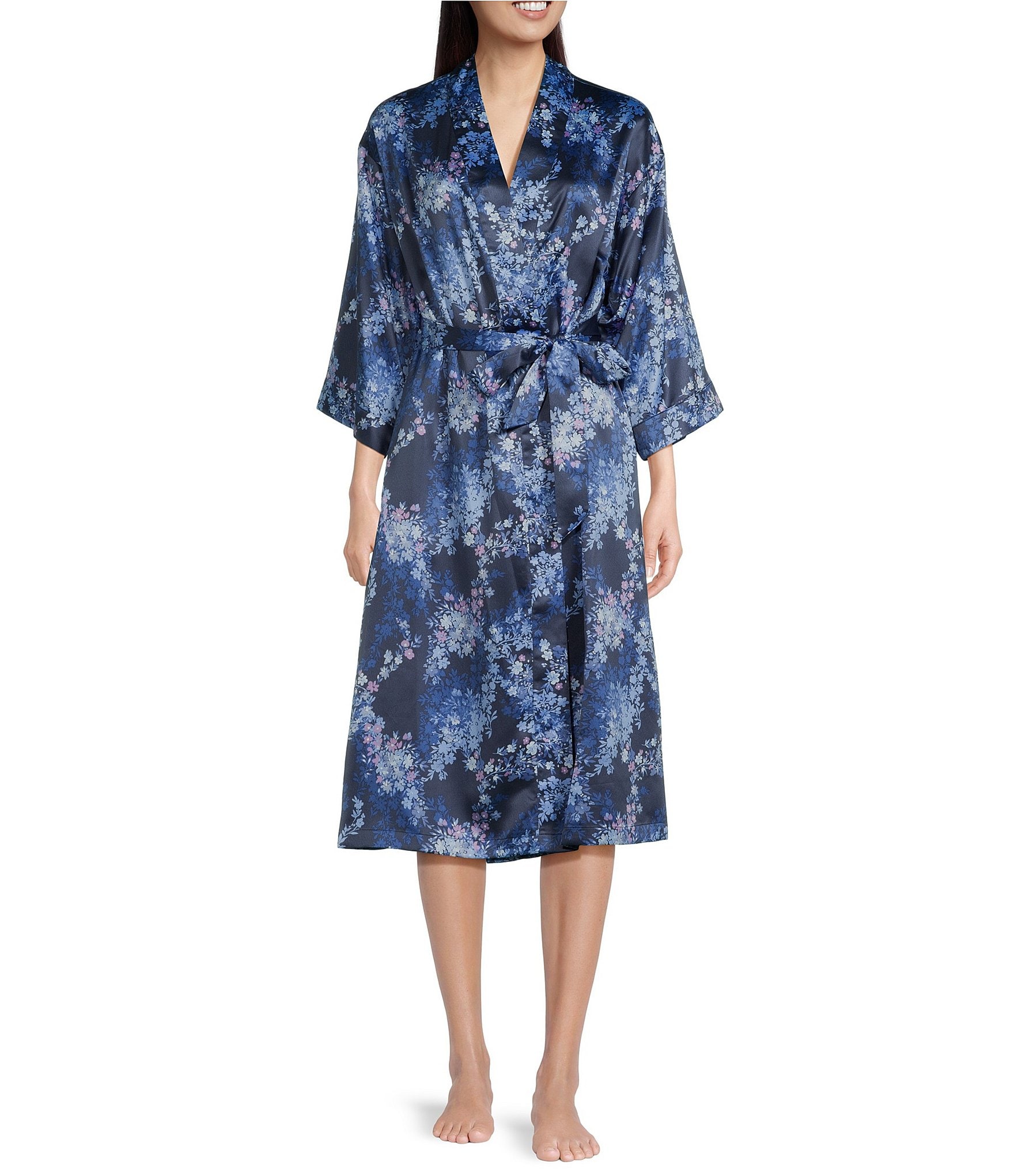 Cabernet Satin 3/4 Sleeve Coordinating Floral Wrap Robe | Dillard's