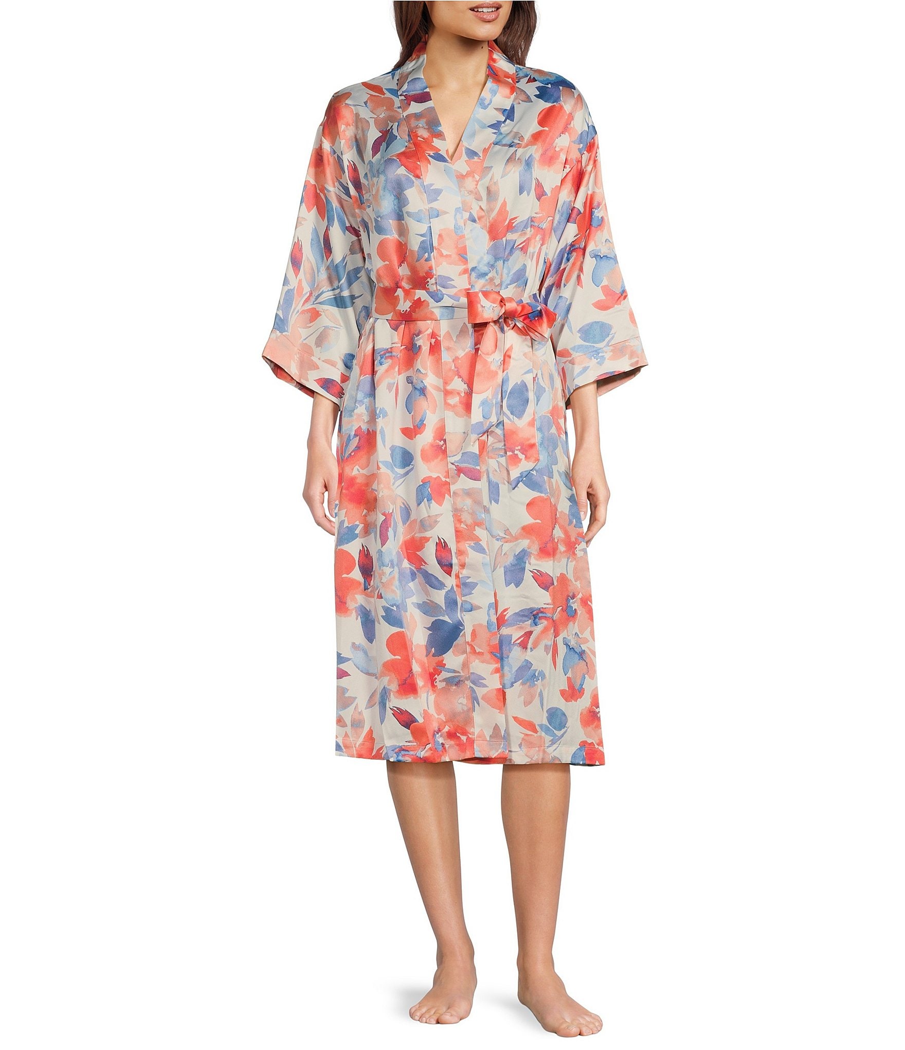 Cabernet Satin 3/4 Sleeve Coordinating Floral Wrap Robe