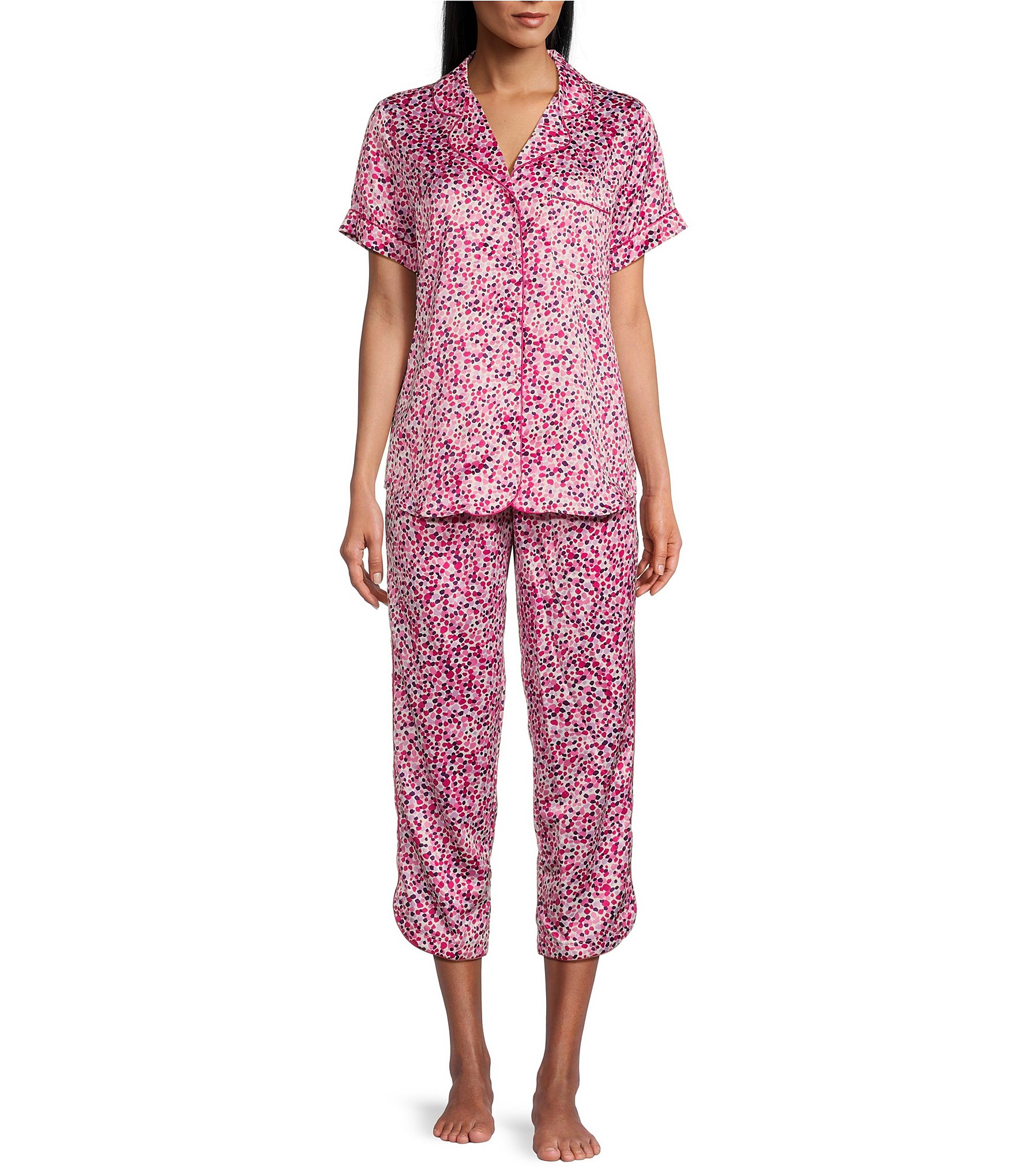 Cabernet Satin Dotted Short Sleeve Notch Collar & Pant Pajama Set