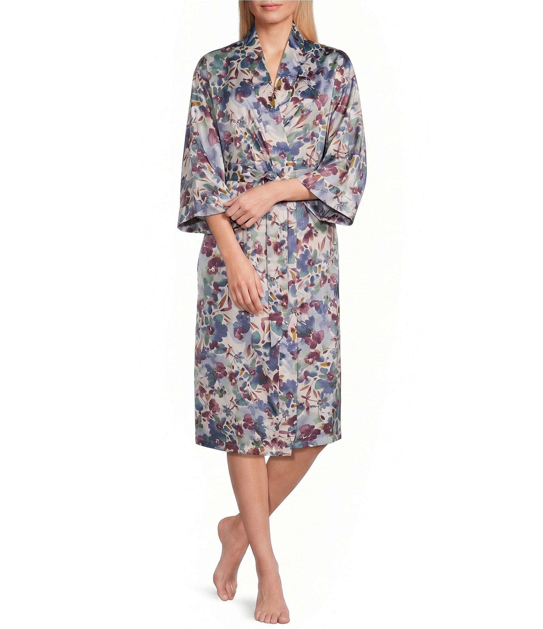 Cabernet Satin Floral Print 3/4 Sleeve Coordinating Short Wrap Robe