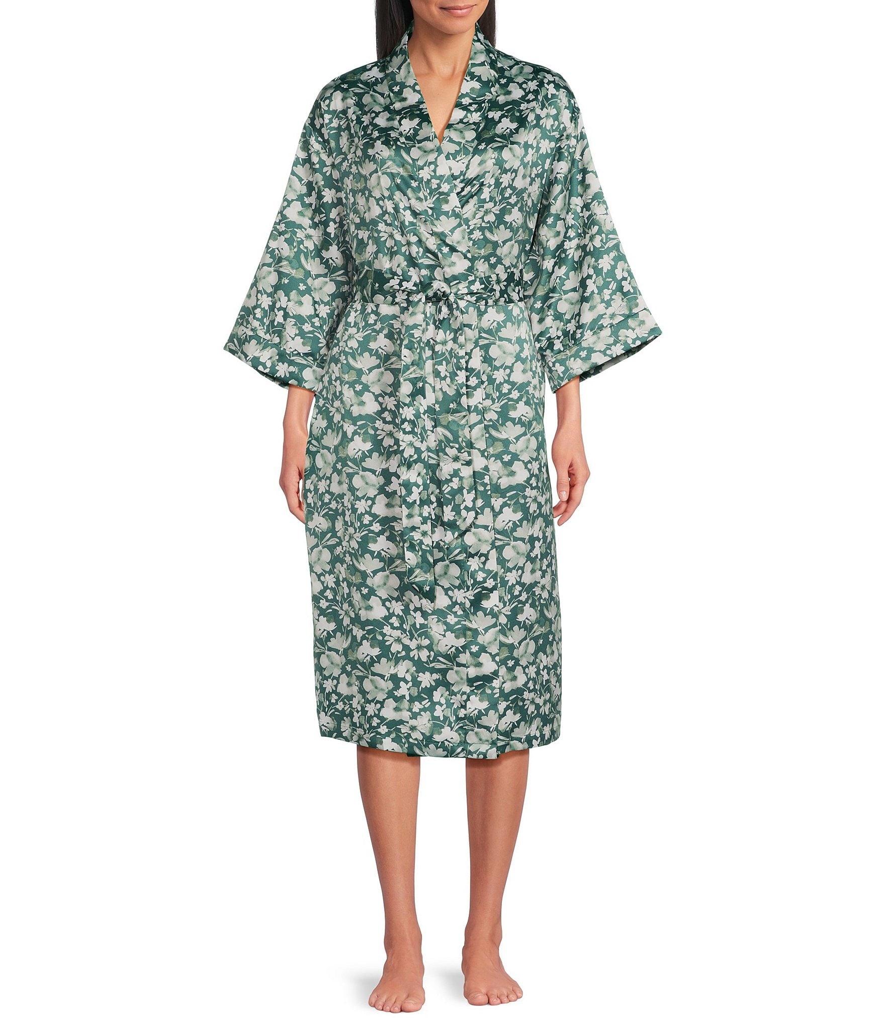 Cabernet Satin Floral Print 3/4 Sleeve Coordinating Wrap Robe
