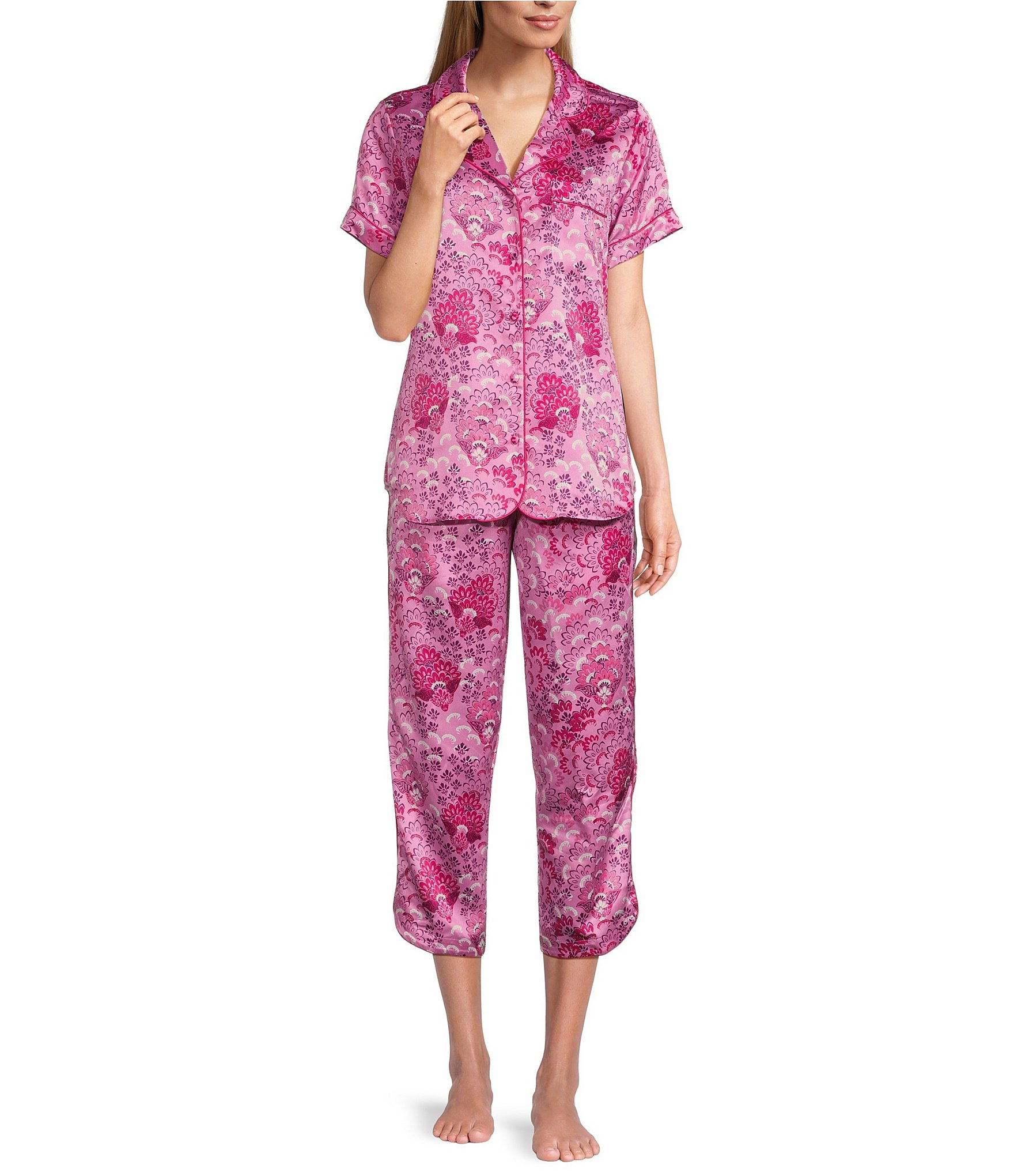 Cabernet Satin Floral Print Short Sleeve Notch Collar & Pant Pajama Set