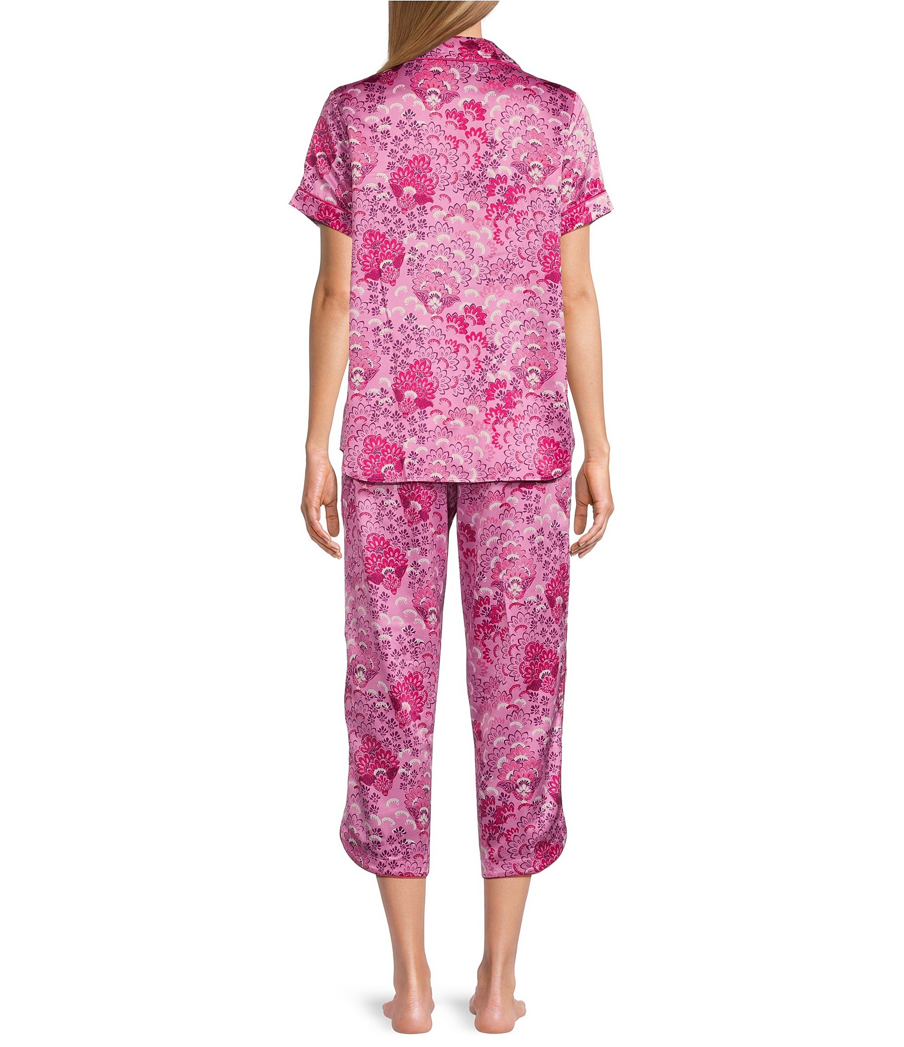 Cabernet Satin Floral Print Short Sleeve Notch Collar & Pant Pajama Set