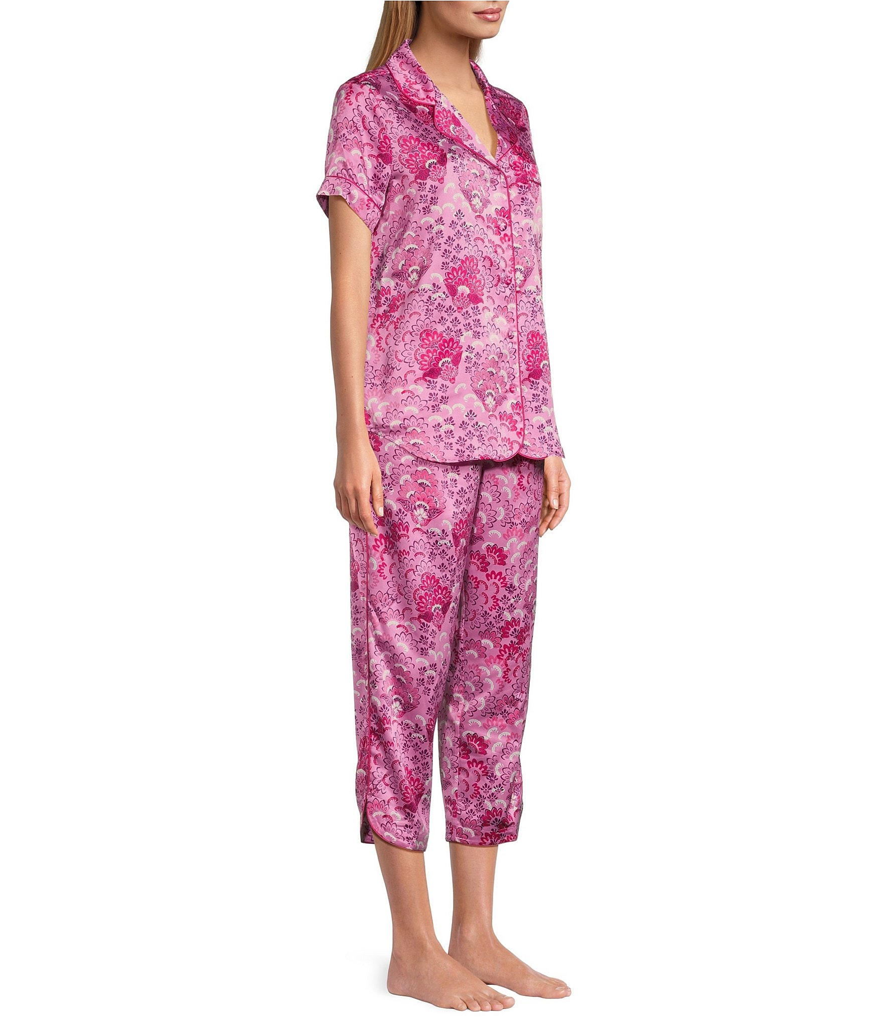 Cabernet Satin Floral Print Short Sleeve Notch Collar & Pant Pajama Set