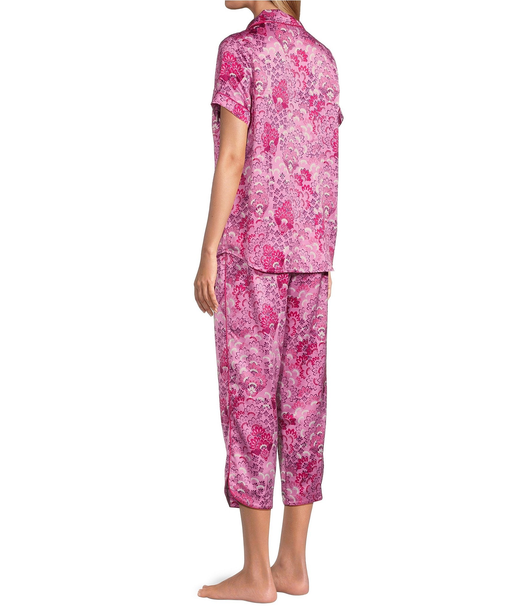 Cabernet Satin Floral Print Short Sleeve Notch Collar & Pant Pajama Set