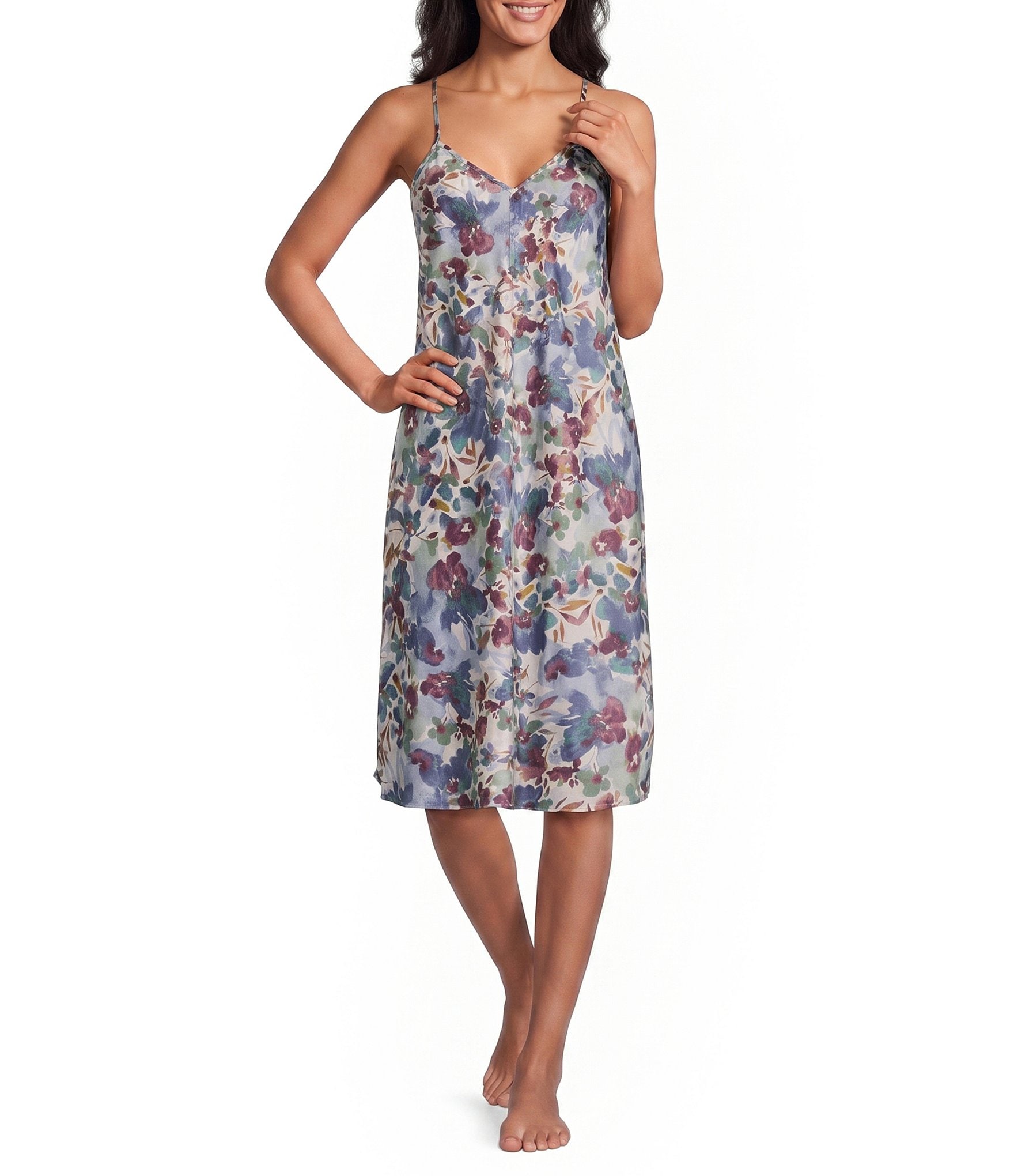 Cabernet Satin Floral Print Sleeveless V-Neck Coordinating Chemise