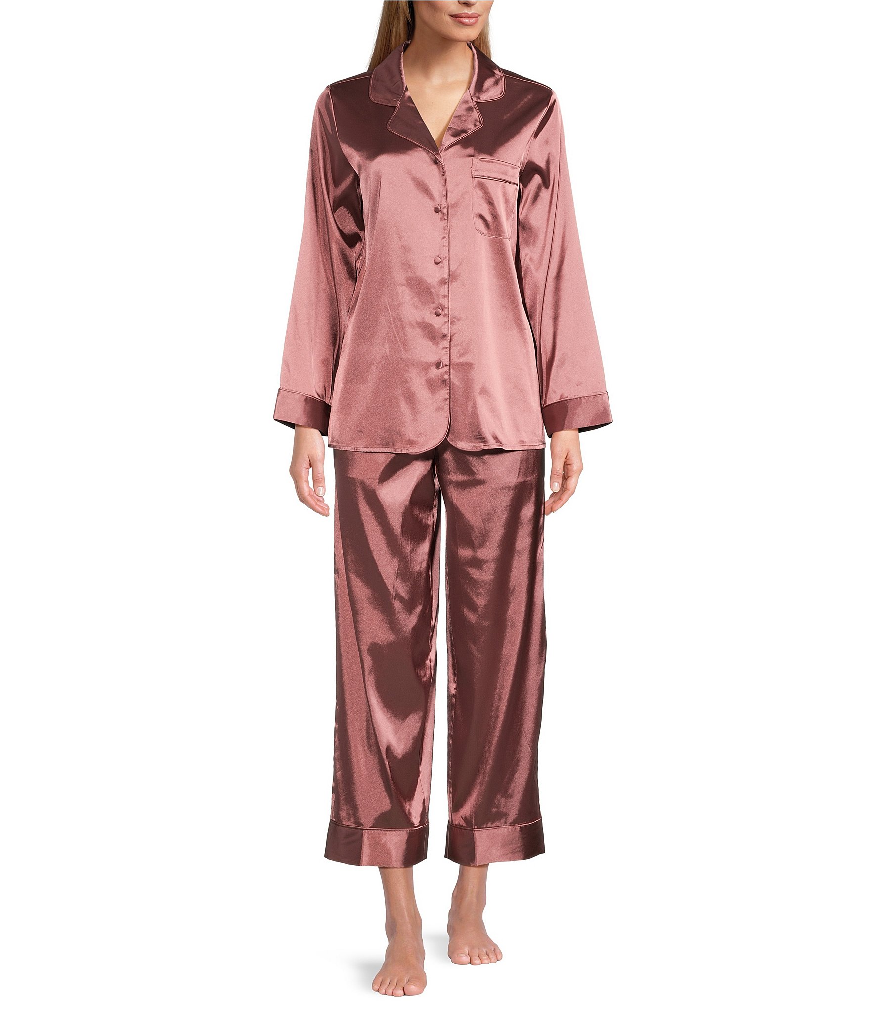 Cabernet Solid Contrast Piping Coordinating Satin Pajama Set