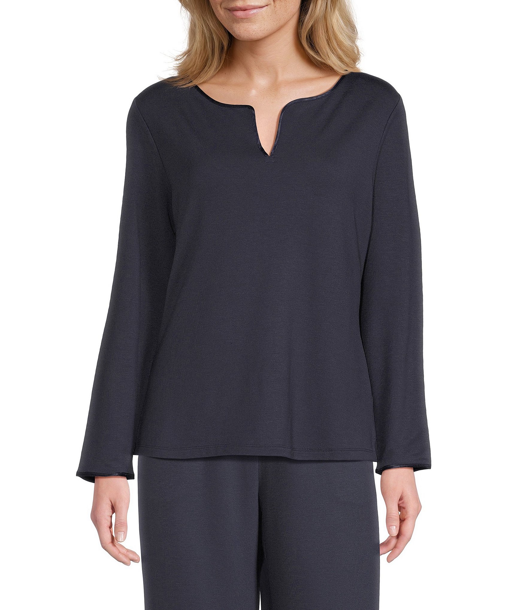 Cabernet Solid French Terry Split Round Neck Long Sleeve Coordinating Sleep Top