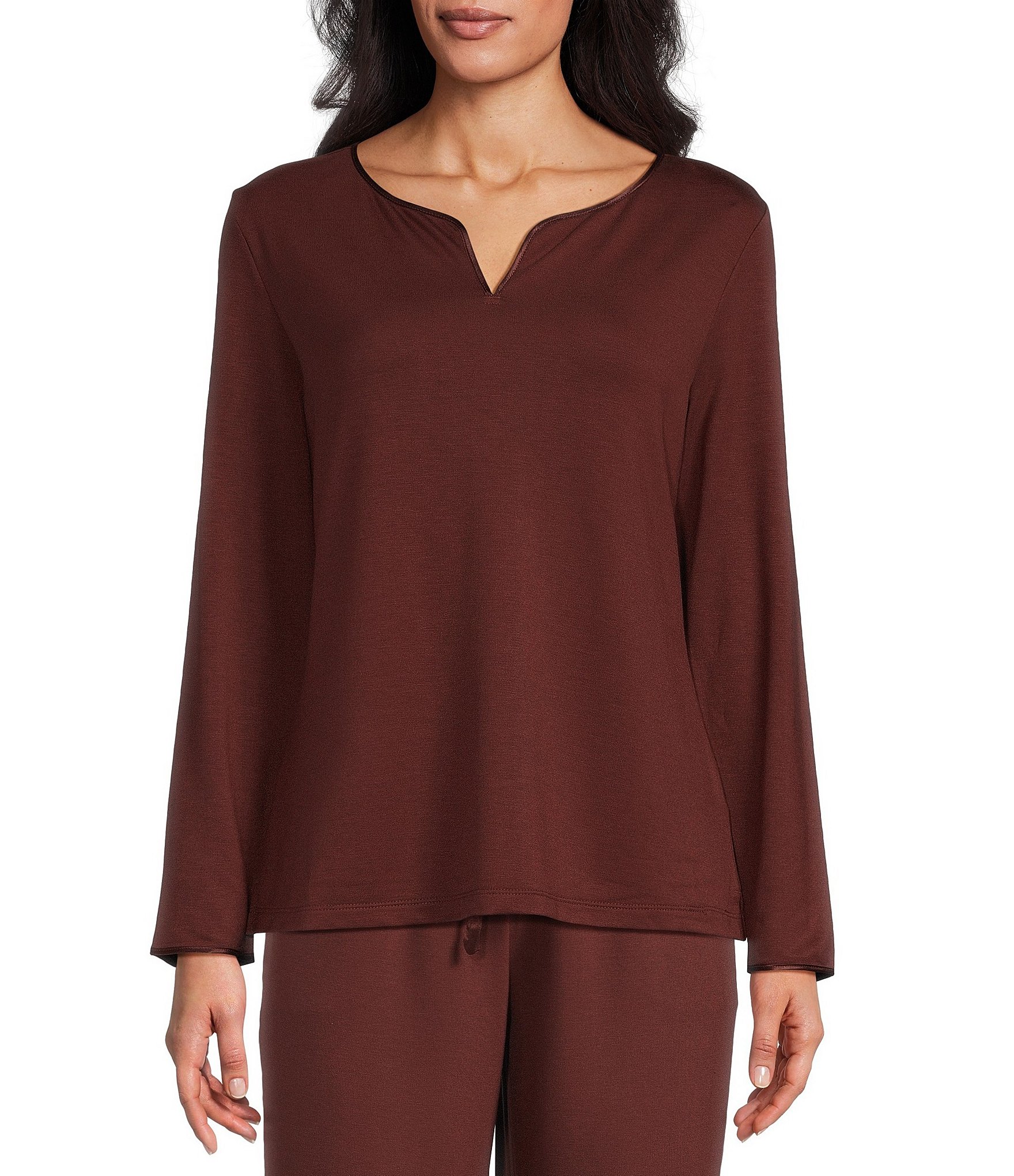 Cabernet Solid French Terry Split Round Neck Long Sleeve Coordinating Sleep Top