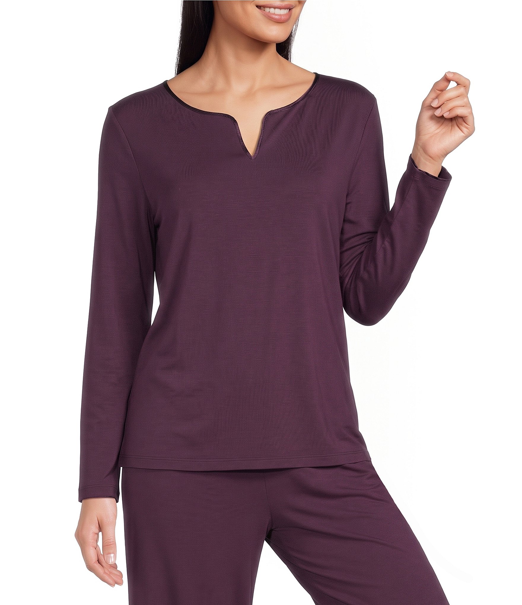Cabernet Solid French Terry Split Round Neck Long Sleeve Coordinating Sleep Top