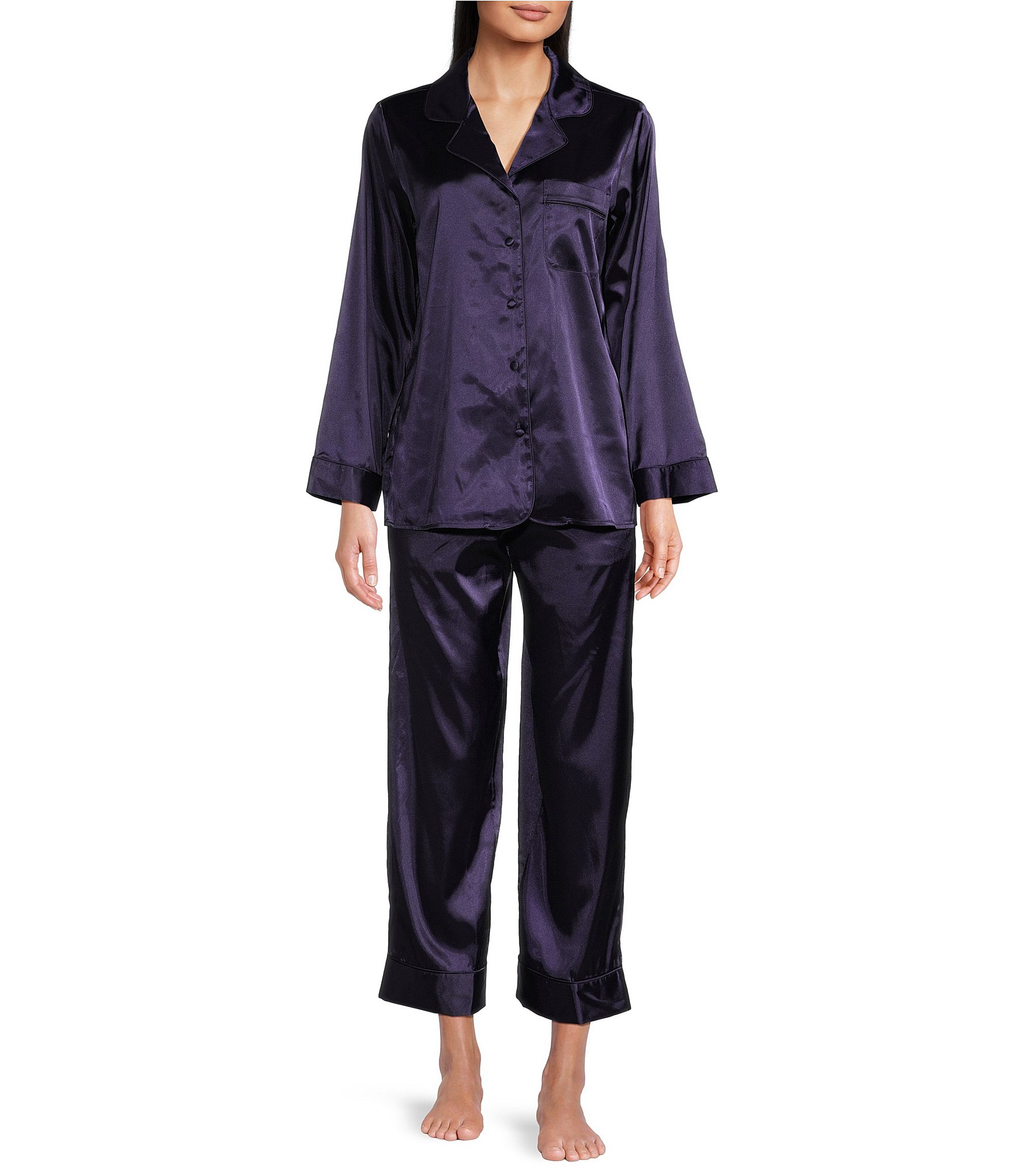 Cabernet Solid Woven Satin Notch Collar Long Sleeve Pant Pajama Set ...
